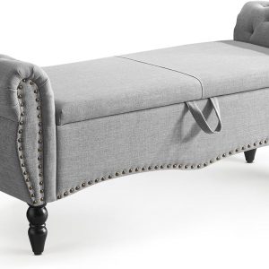 Furniliving Modern Storage Ottoman Bench, Sherpa Ottoman End of Bed Bench with Solid Wood Legs Upholstered Ottoman Benches with Storage Indoor Bench for Living Room with Rolled Arm, Entryway, White