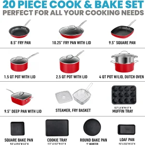 Granitestone Pots and Pans Set, 20 Piece Complete Cookware + Bakeware Set with Ultra Nonstick, Includes Frying Pans, Saucepans, Stock Pots, Steamers, Cookie Sheets and Baking Pans