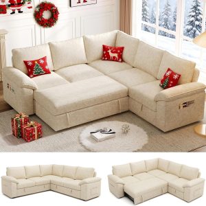 108 Inch Sectional Sleeper Sofa with Pull Out Bed, U Shaped 7 Seat Modular Sectional Sofa