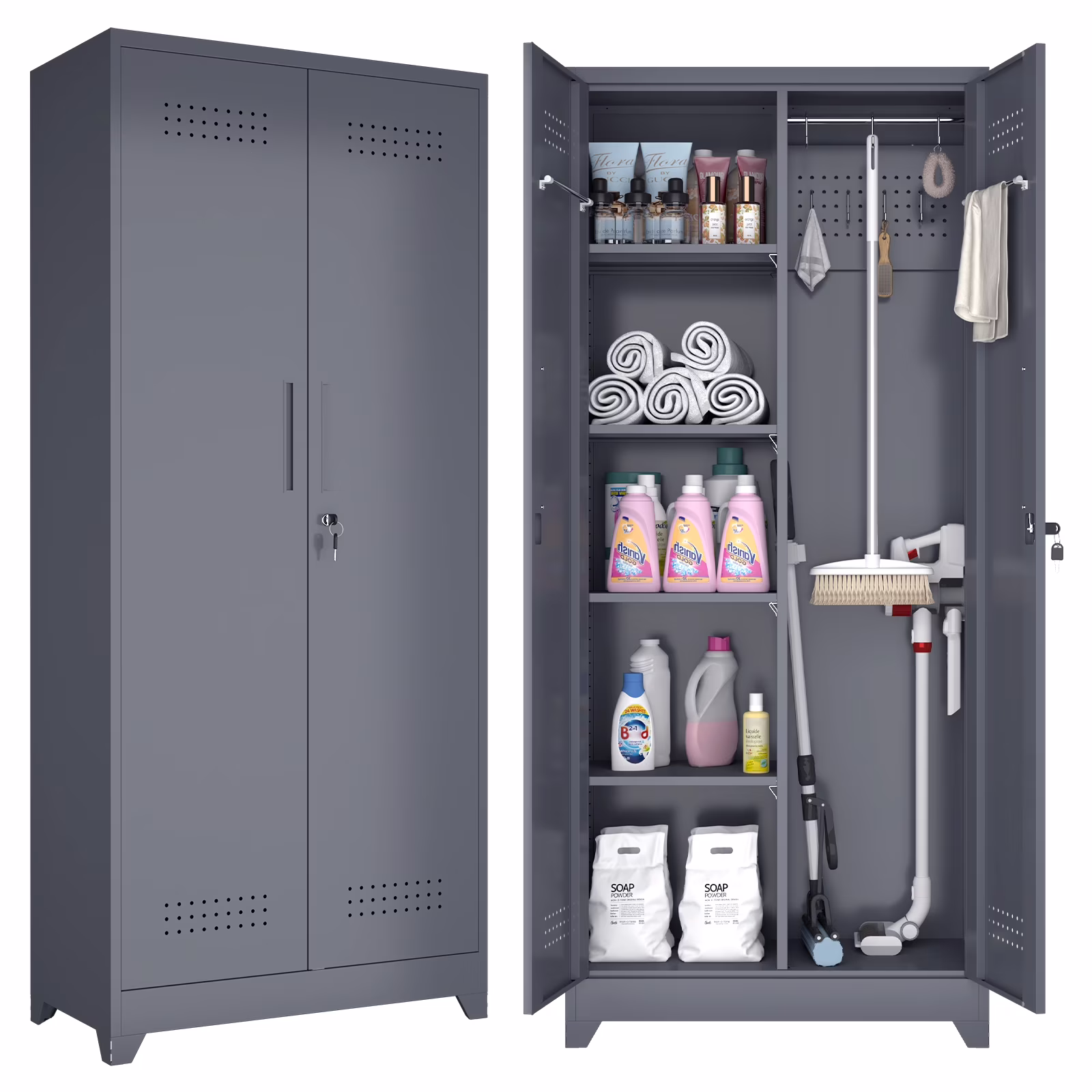 Marcree Broom Closet with Locking Doors,72.8-H Cleaning Tool Storage Cabinet with Hanging Rod & Hooks,Heavy-Duty Tool Garage Storage Cabinet for Utility Room,Grey