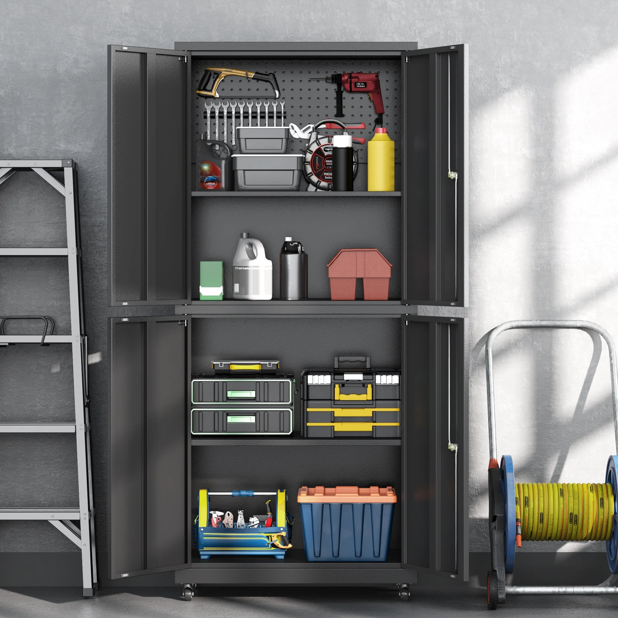 Firstsky Metal Garage Storage Cabinet with Wheels, Adjustable Rolling Tool Storage Cabinet with Lock, 34" Steel Locking Tool Cabinet with Doors and Shelves-Black&Gray, 34.3" H-