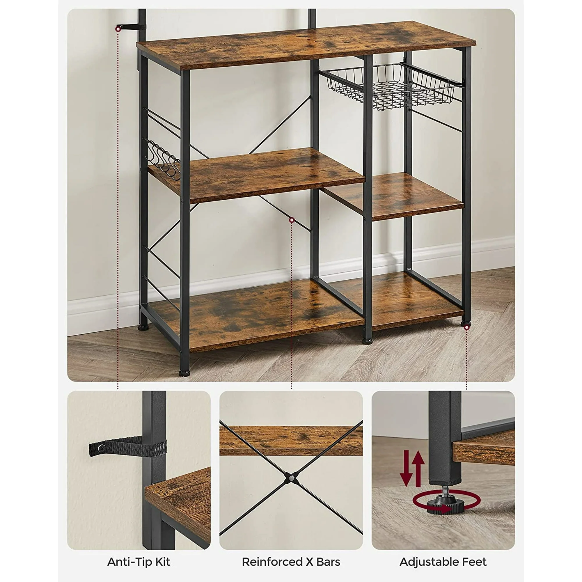 VASAGLE Baker's Rack Microwave Stand Kitchen Storage Rack with Wire Basket 6 Hooks & Shelves for Spices Pots & Pans Rustic Brown and Black Rustic Brown and Black