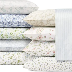 Laura Ashley Home - Full Sheets, Soft Sateen Cotton Bedding Set - Sleek, Smooth, & Breathable Home Decor,Blossoming Blue Blossoming Blue/White Full