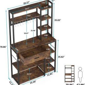 Tribesigns Baker's Rack with Drawer, 70.9 inch Kitchen Storage Shelf with 10 Hooks, Rustic Brown