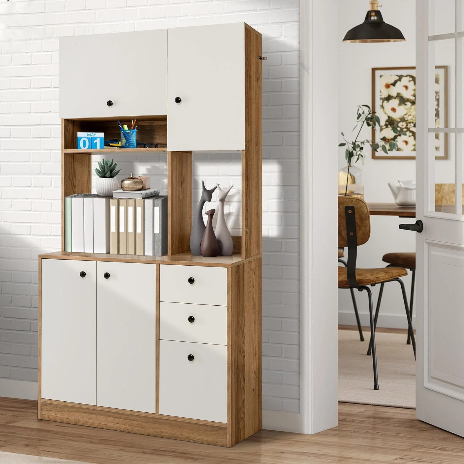 Giantex Microwave Stand Cabinet, Freestanding Kitchen Storage Pantry, Natural