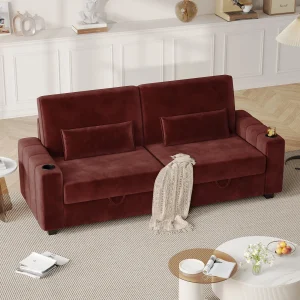 87-Large Loveseat Sofa, 3 Seater Couch with Storage, Velvet Fabric Deep Seat Sofa with Pillow& Cup Holders, Modern Comfy Sofa with USB& Type-C Ports, Home Sofa Couch for Living Room Bedroom