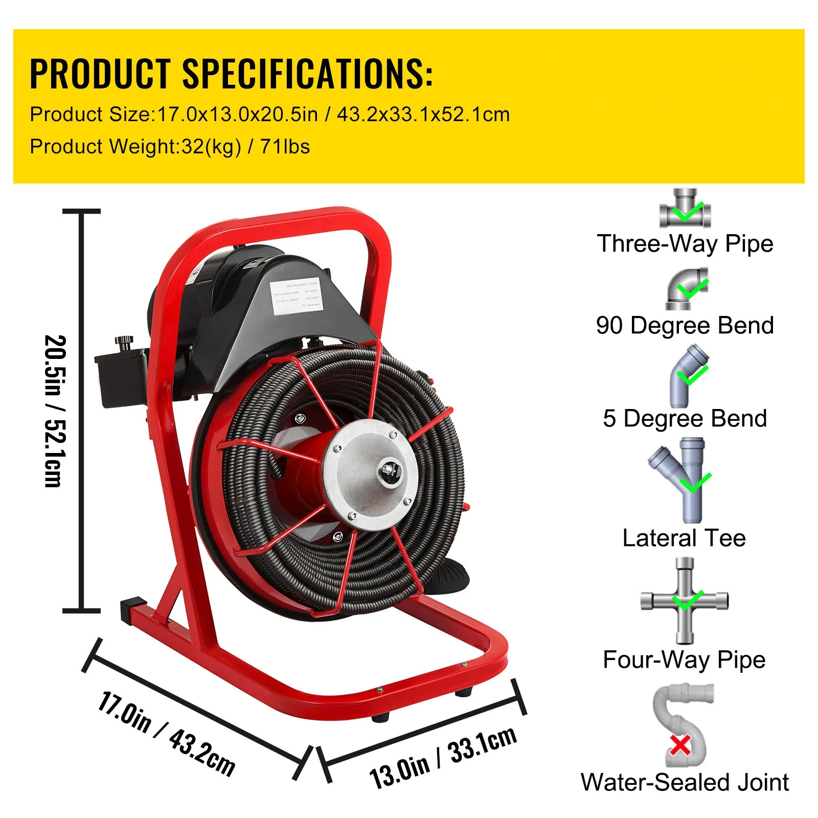 KFFKFF 50 Ft x 1/2 Inch Drain Cleaner Machine fit 1 Inch (25mm) to 4 Inch(100mm) Pipes Drain Cleaning Machine Portable Electric Drain Auger with Cutters Glove Drain Auger Cleaner Sewer Snake