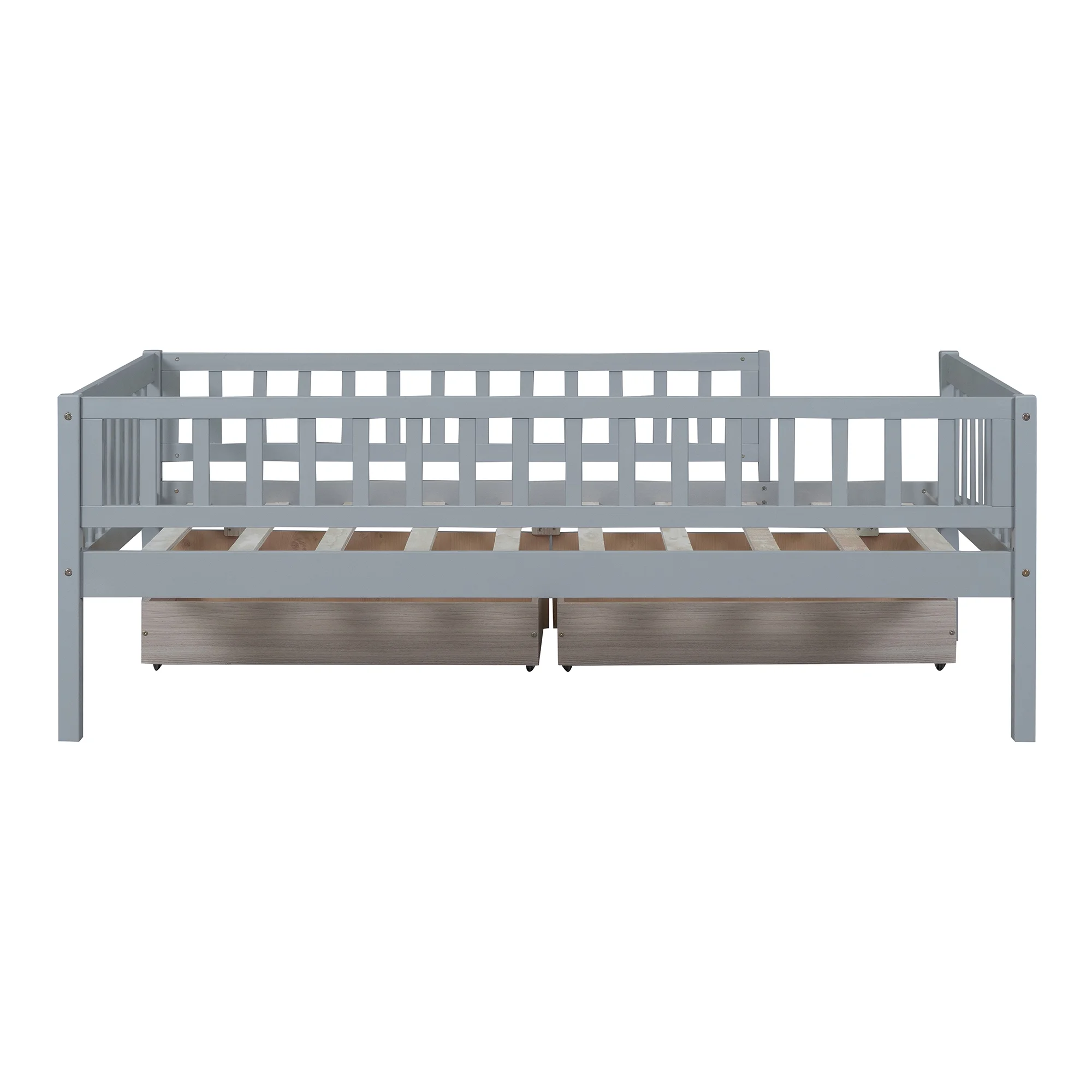 Holaki Twin Size Wood Bed with Guardrails and 2 Storage Drawers for Kids, Gray