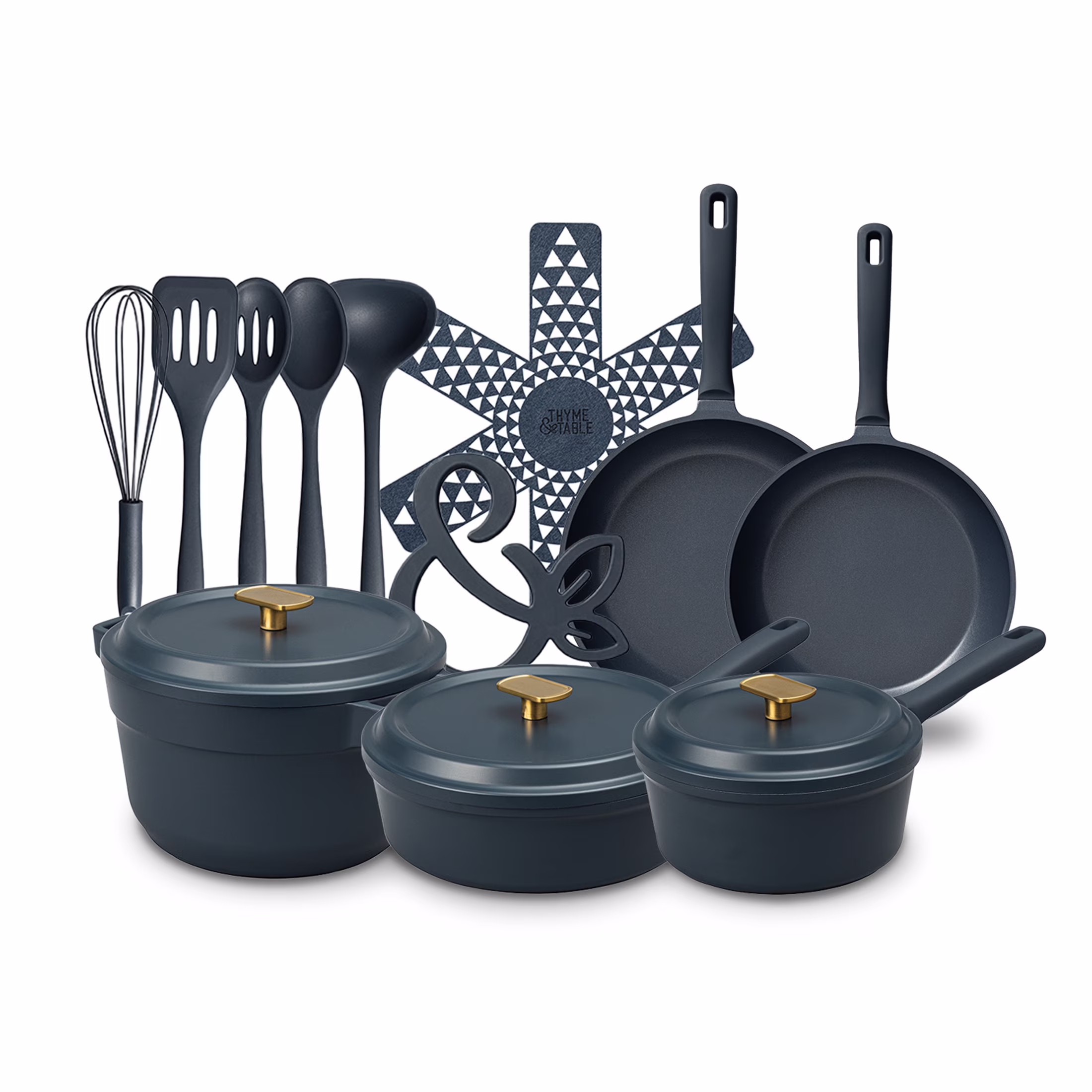Thyme & Table 18-Piece Non-stick Diecast Cookware & Silicone Utensil Set, Pots and Pans Set - Atlantic Blue