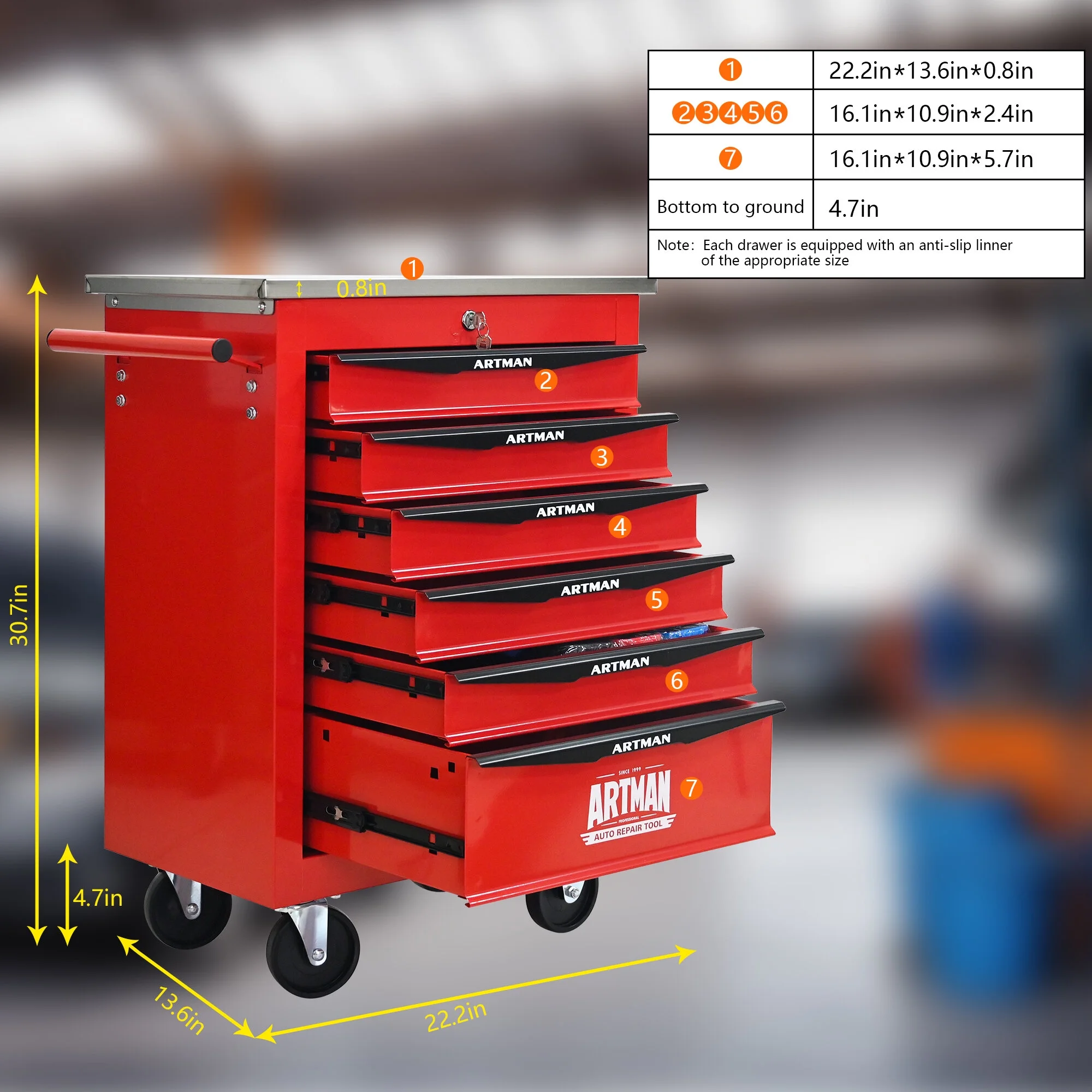 Tool Cabinets 4 Drawers Multifunctional Tool Cart with Wheels,Metal Rolling Tool Cart Storage for Garage Workshop Warehouse Repair Shop--With Stainless Steel Roof- Red&Black,Garage Tool Cabinets