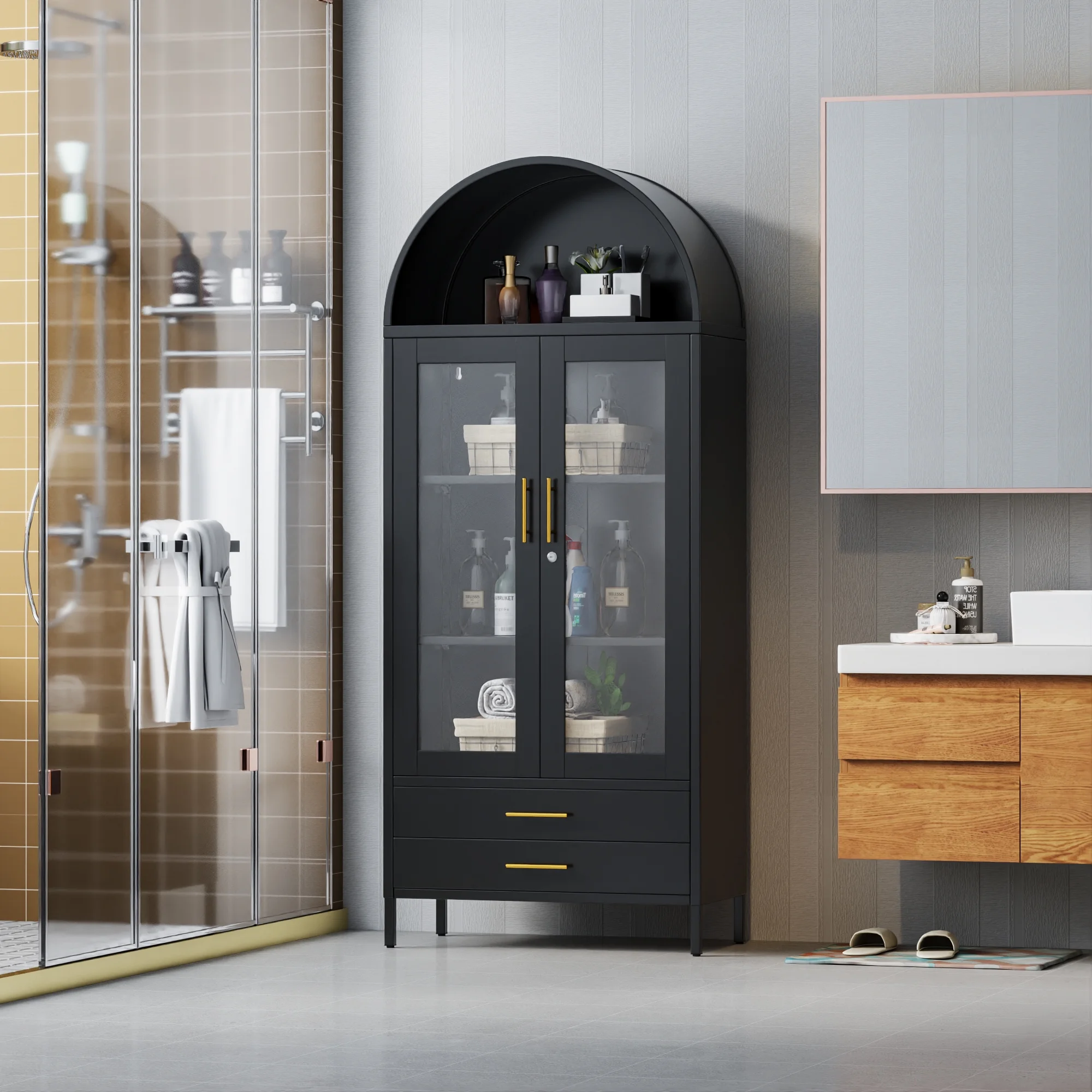 SUXXAN Metal Arched Storage Display Lockable Cabinets with Glass Doors and Adjustable Shelves, Assembly Required, Black