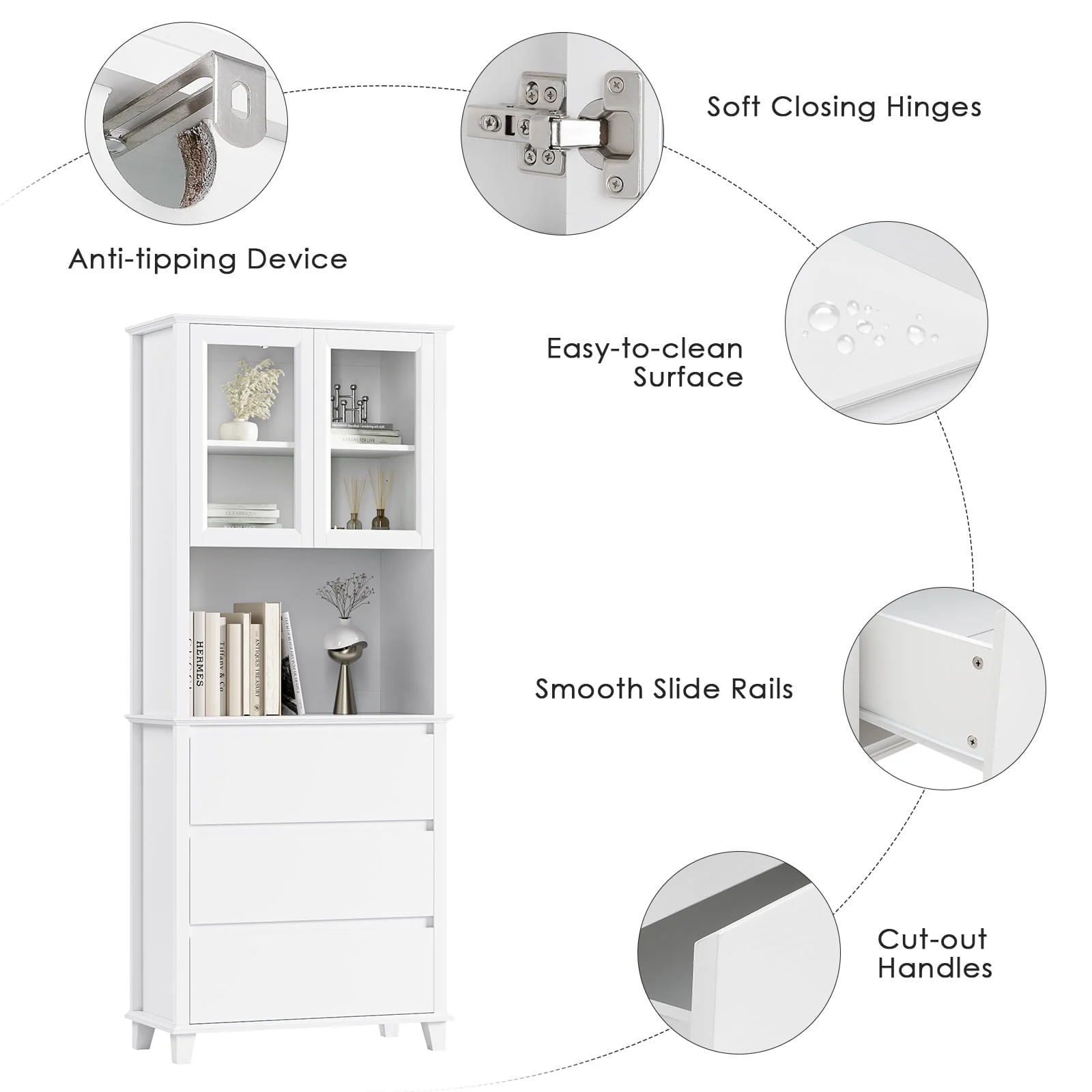 Homfa 3-Drawer Kitchen Storage Cabinet, 76.6'' Tall Cabinet with Clear Glass Door for Bathroom, White