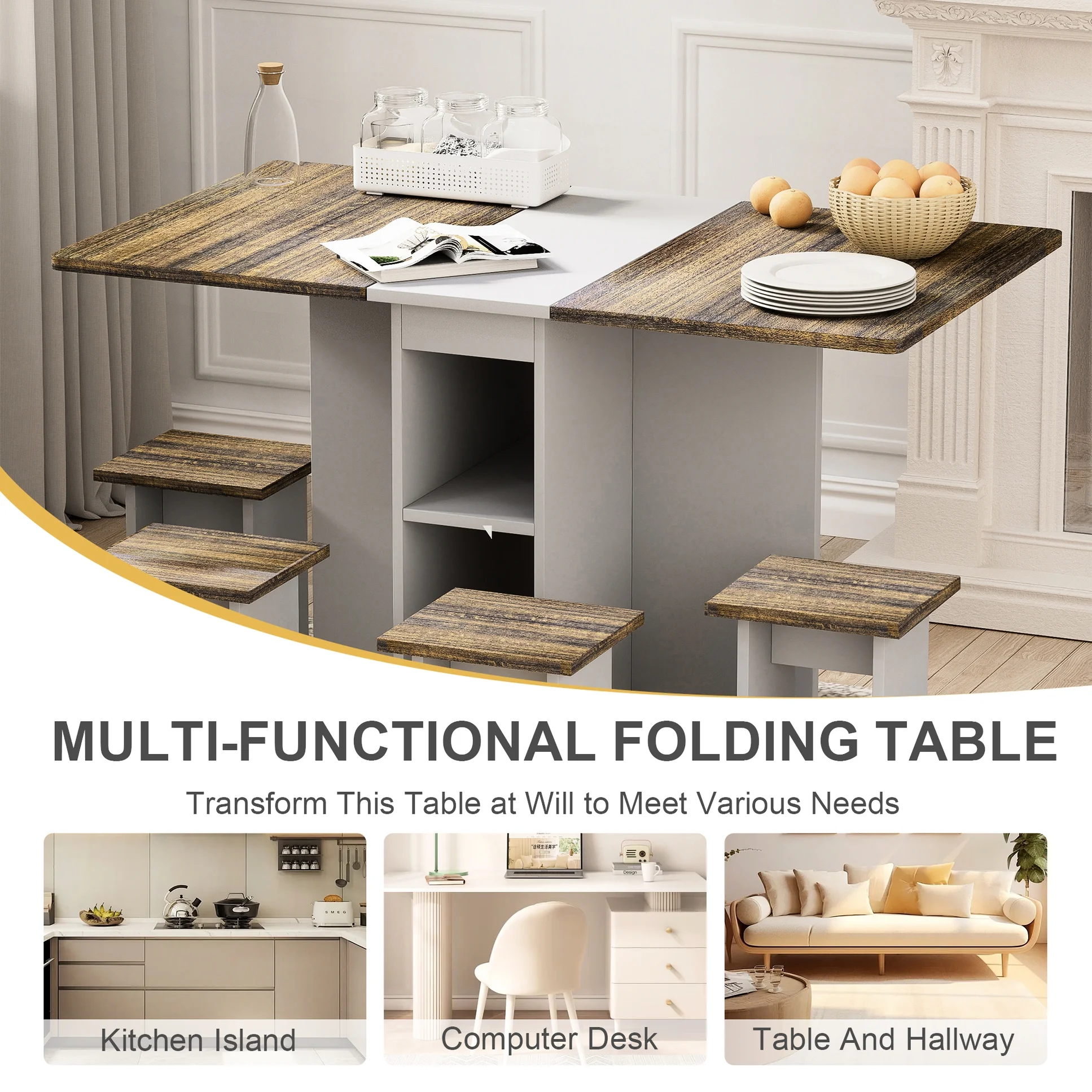 4 Folding Dining With 55'' Drop Leaf Table & 4 Chairs, Storage, 6 Wheels, Robust , Brown, Space Saving For Interiors Extendable Wood, Firm Home Use