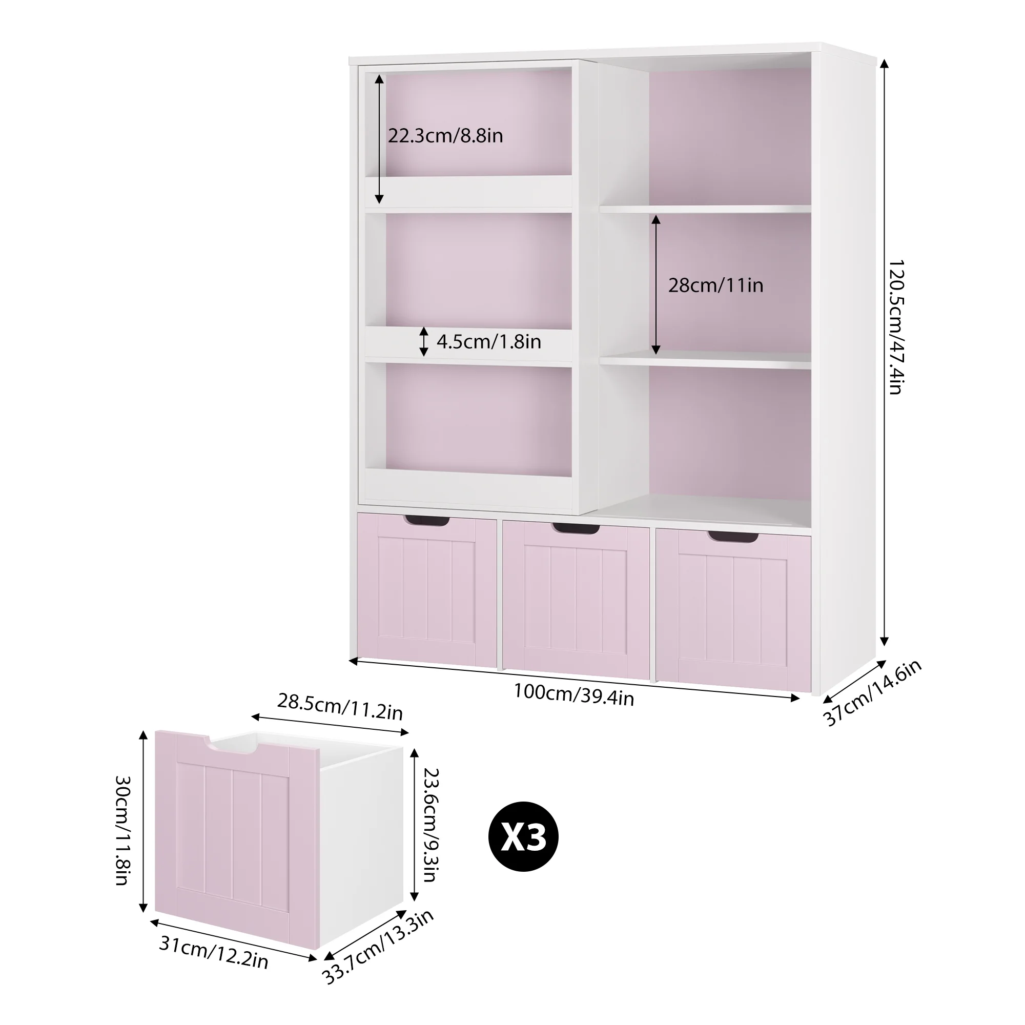 Homfa 6 Cube Toy Storage, Cube Organizer with Sliding Rack, 3 Drawer Kids Bookcase and Bookshelf, White