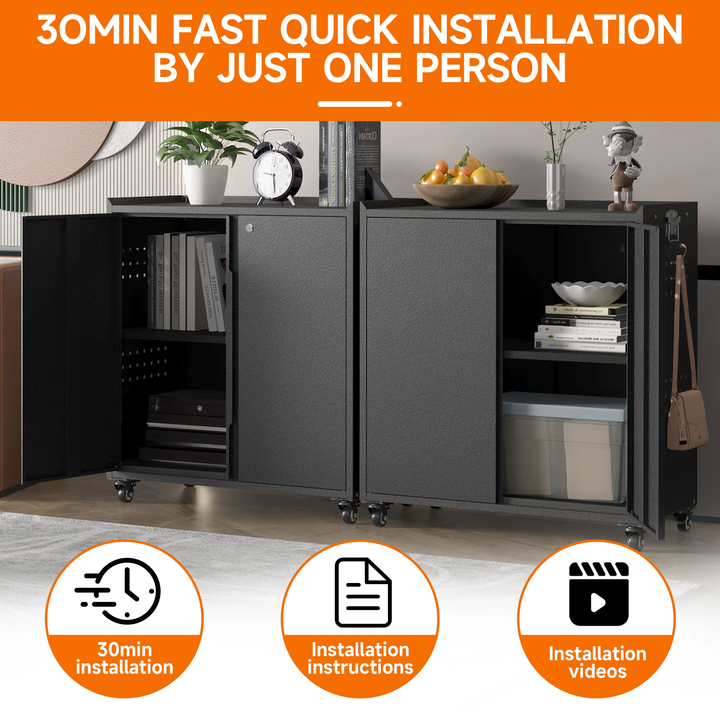 Metal Storage Cabinet with Wheels,Rolling Tool Cabinet with Doors and Adjustable Shelves,Heavy Duty Garage Storage Cabinet,Steel Locking Storage Cabinet for Garage/Warehouse/Office/School/Home-Black