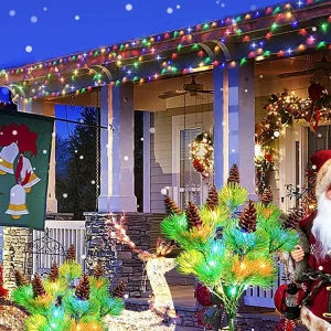 Motrke 4PCS Solar Flickering Pine Lights LED Solar Powered Christmas Tree Lights with Pine Cones Waterproof Multi Color Landscape Lights for Home Christmas Decoration