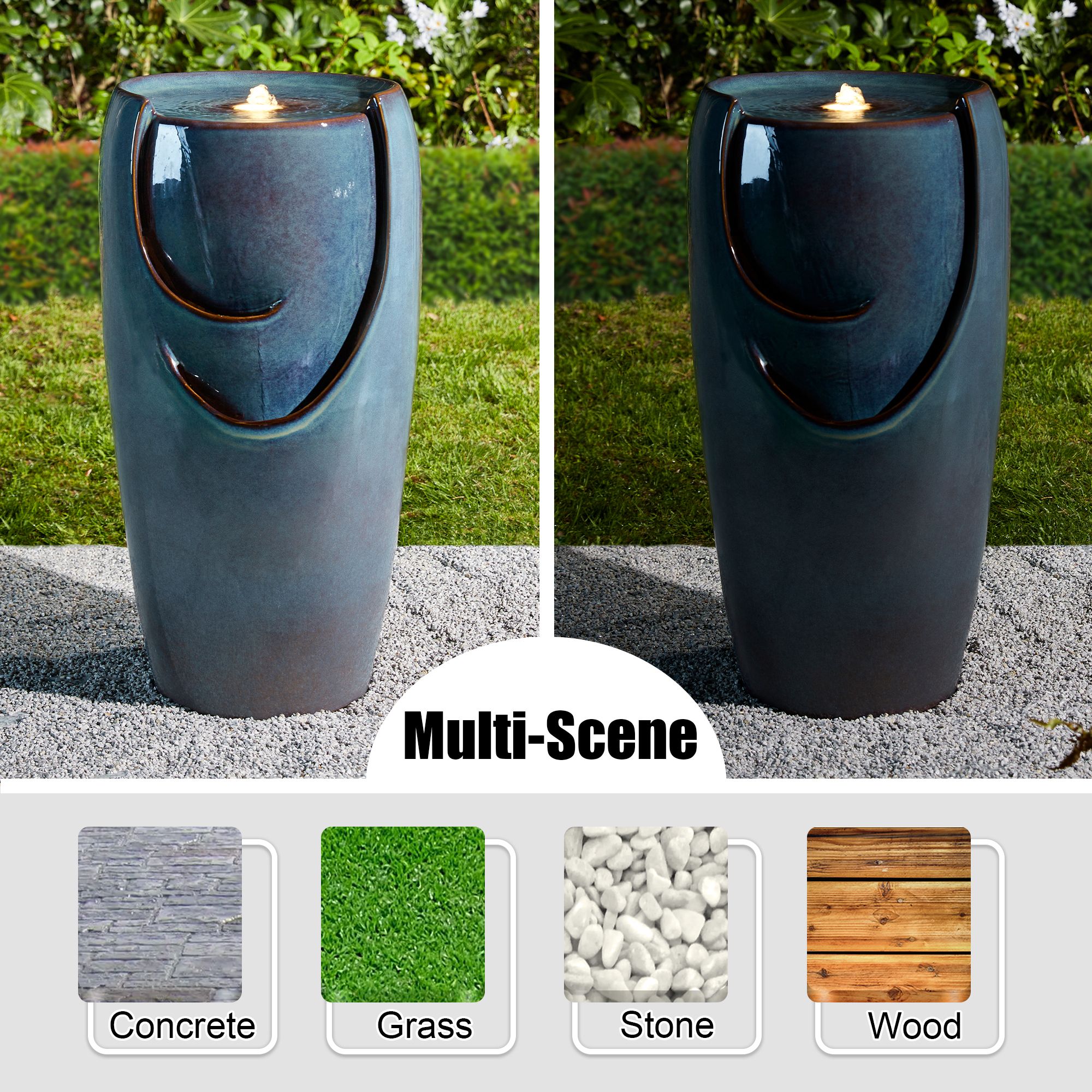 Glitzhome 29" Tall Ceramic Vase Water Fountain Red with Pump and LED Light for Yard Garden Patio