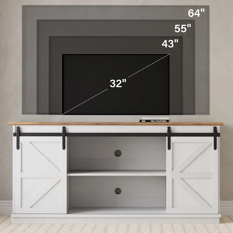 Furmax 65 inch TV Stand Entertainment Center with Sliding Barn Doors and Storage,White
