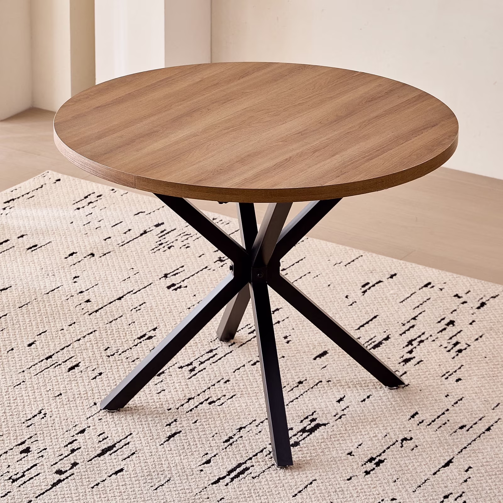 39- Round Dining Table, Modern Small Kitchen Table for 4 with X-Shaped Metal Legs and 1.2" Thickness Tabletop for Kitchen Dining Room, Coffee Table, Oak