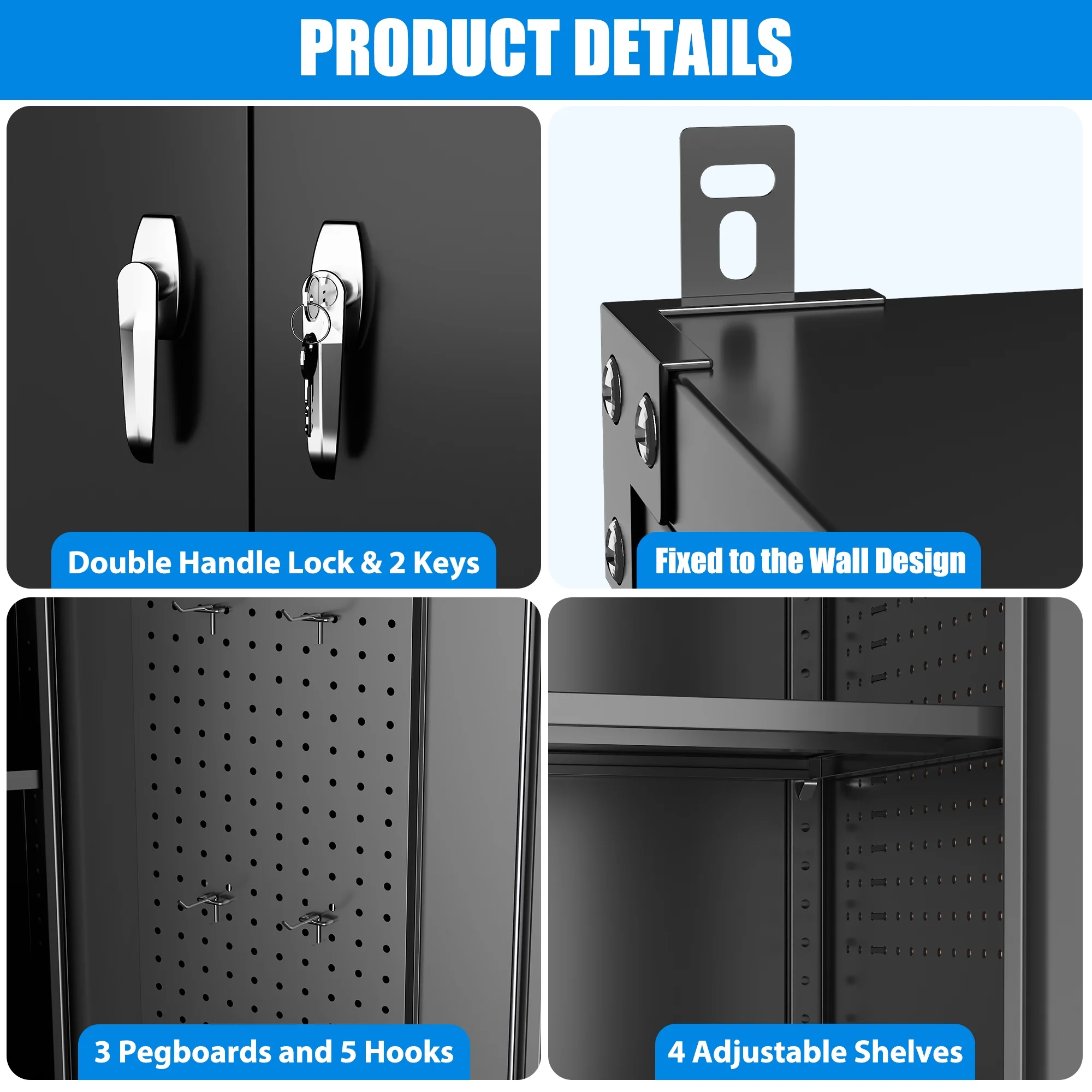GangMei 71-Inch Metal Lockable Storage Cabinet with Pegboards and 5 adjustable shelves, White, Assembly Required