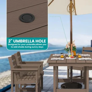 SERWALL 7-Piece Patio Table Set, Outdoor HDPE Dining Furniture with Umbrella Hole, All Weather Table and Chairs for Lawn, Garden, Poolside, Aruba