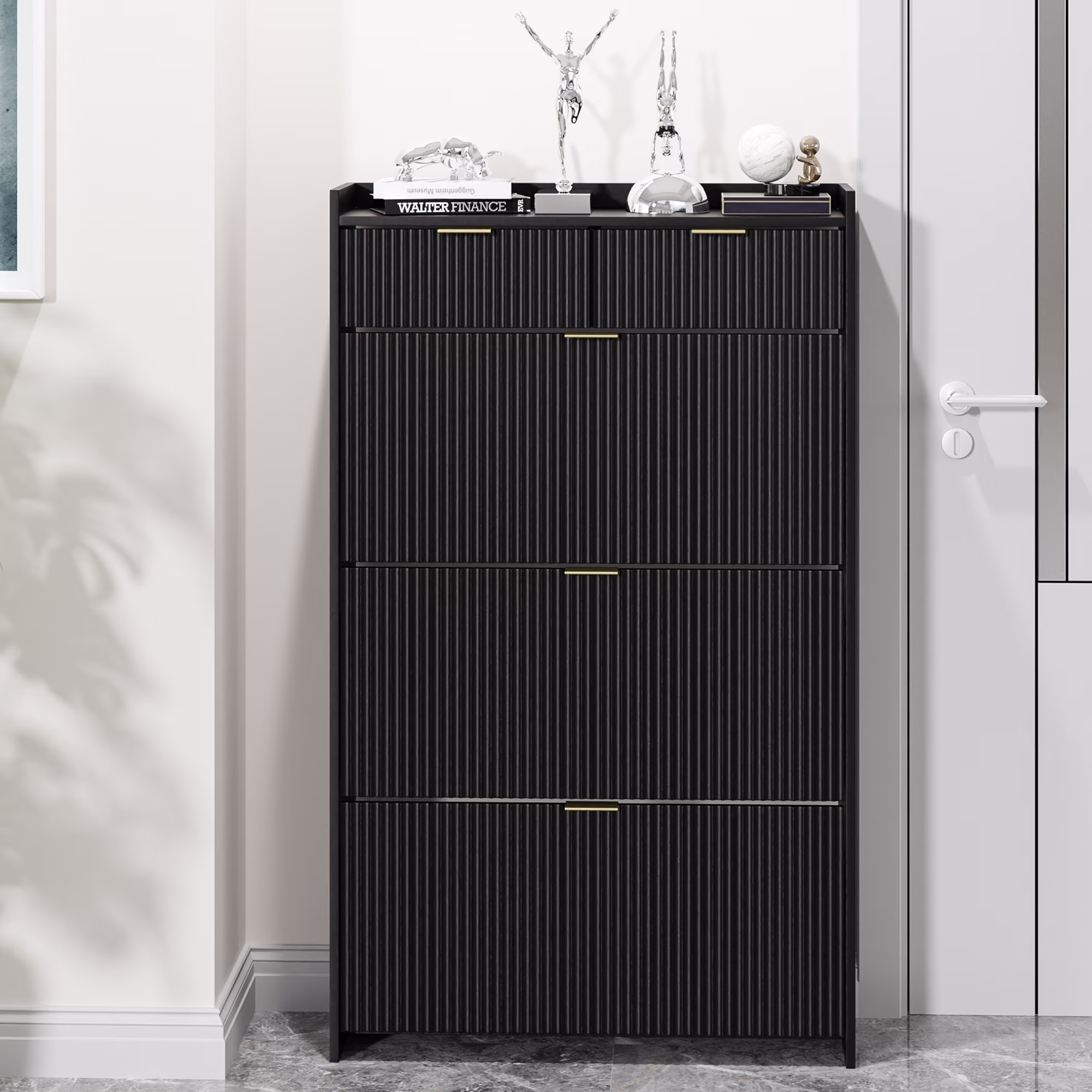 Shoe Cabinet, Free Standing Tipping Bucket Shoe Rack Organizer with 3 Flip Drawers, Modern Entryway Narrow Shoe Rack with 2 Drawers & Top Storage, for Hallway Bedroom, Walnut