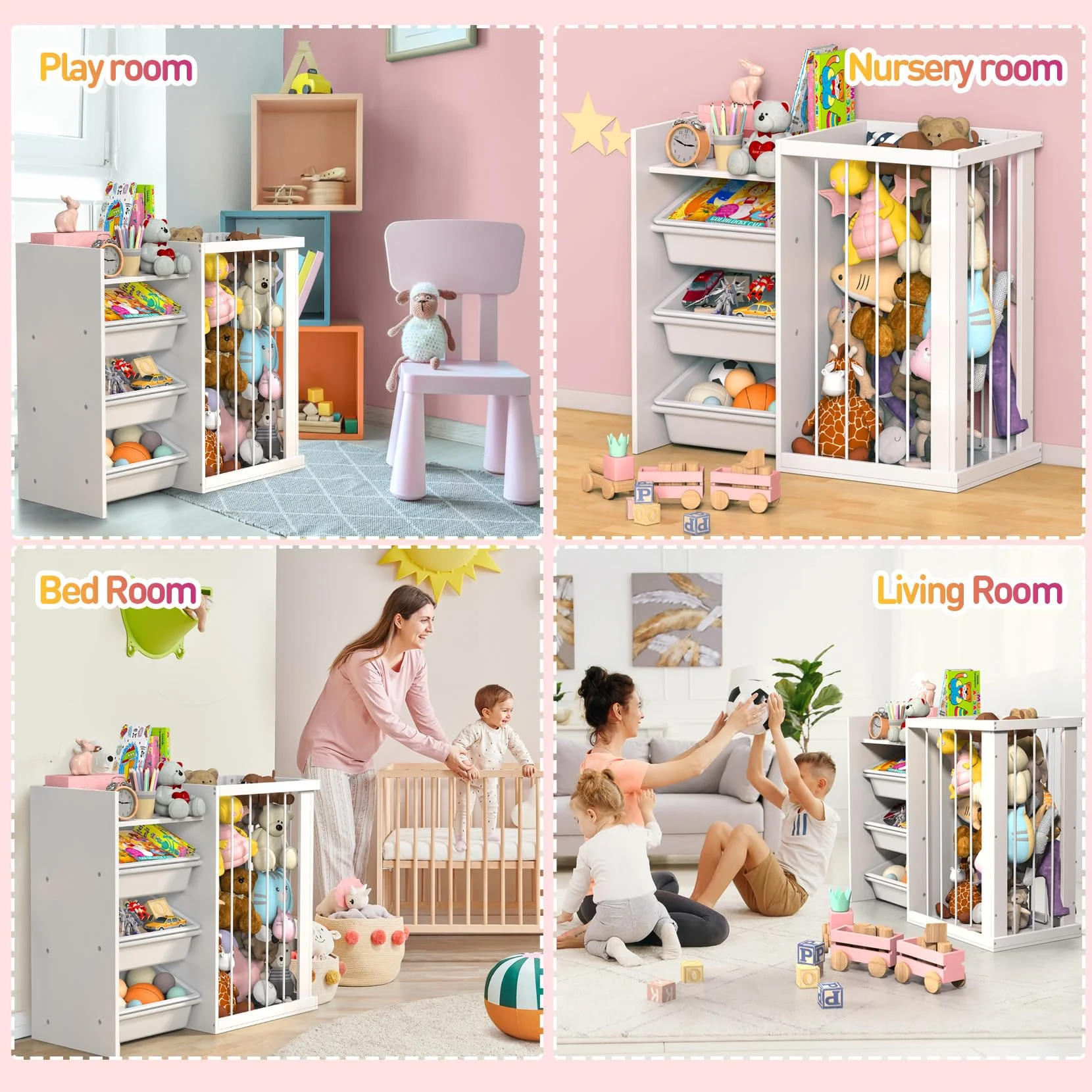 3-in-1 Kids Bookshelf and Stuffed Animal Storage with Corner Protectors , Can Fix it to The Wall, Durable Wood & Metal Storage for Bedroom & Playroom
