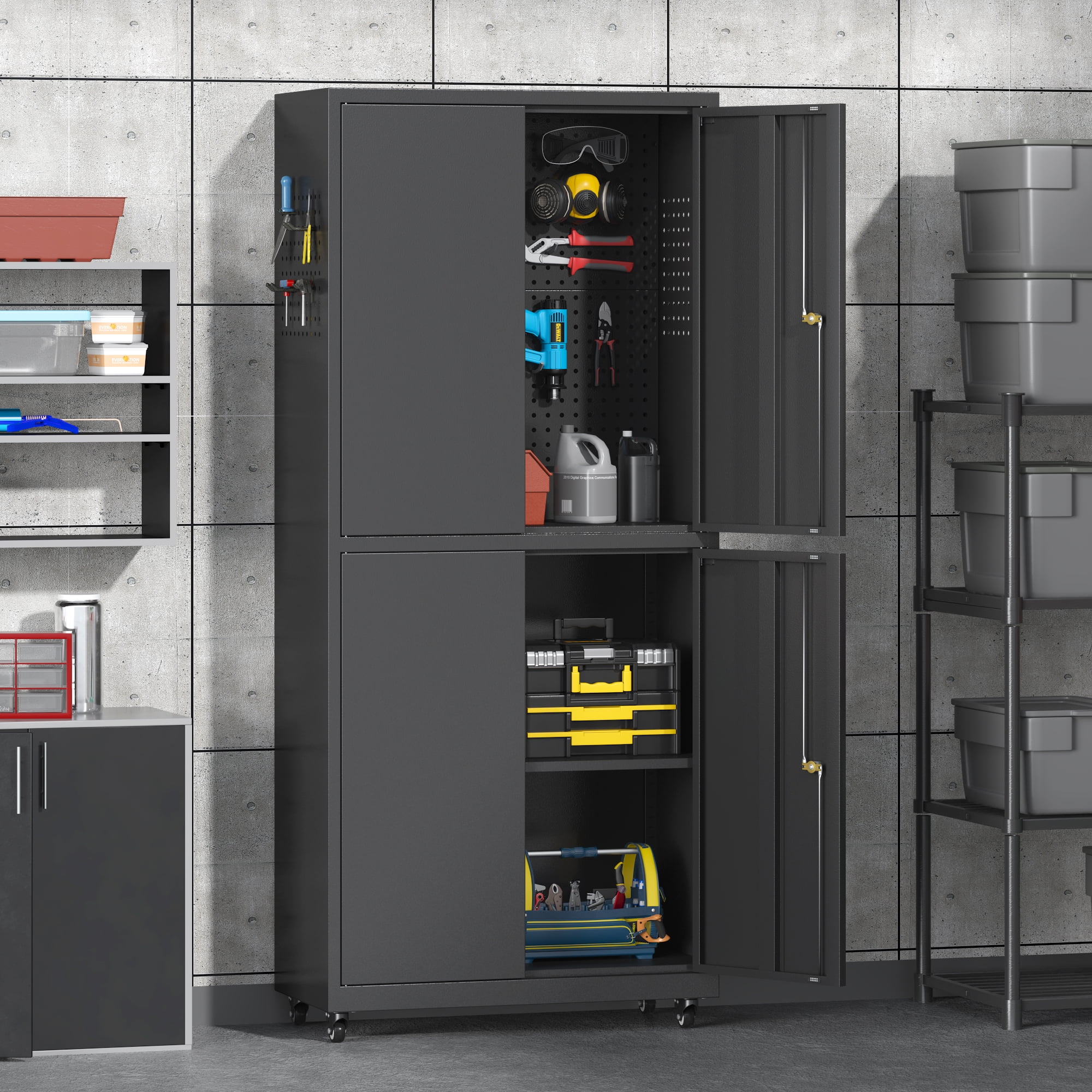 Firstsky Metal Garage Storage Cabinet with Wheels, Adjustable Rolling Tool Storage Cabinet with Lock, 34" Steel Locking Tool Cabinet with Doors and Shelves-Black&Gray, 34.3" H-