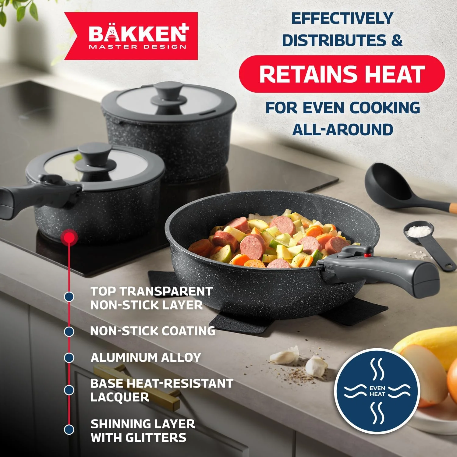 Bakken Master 38 Piece Granite Cookware and Bakeware Set -C Nonstick Granite Coating, Pots and Pans with Detachable Handles and Tempered Glass Lids, 6-piece Bakeware set, 12-piece Mixing Bowls,Brown