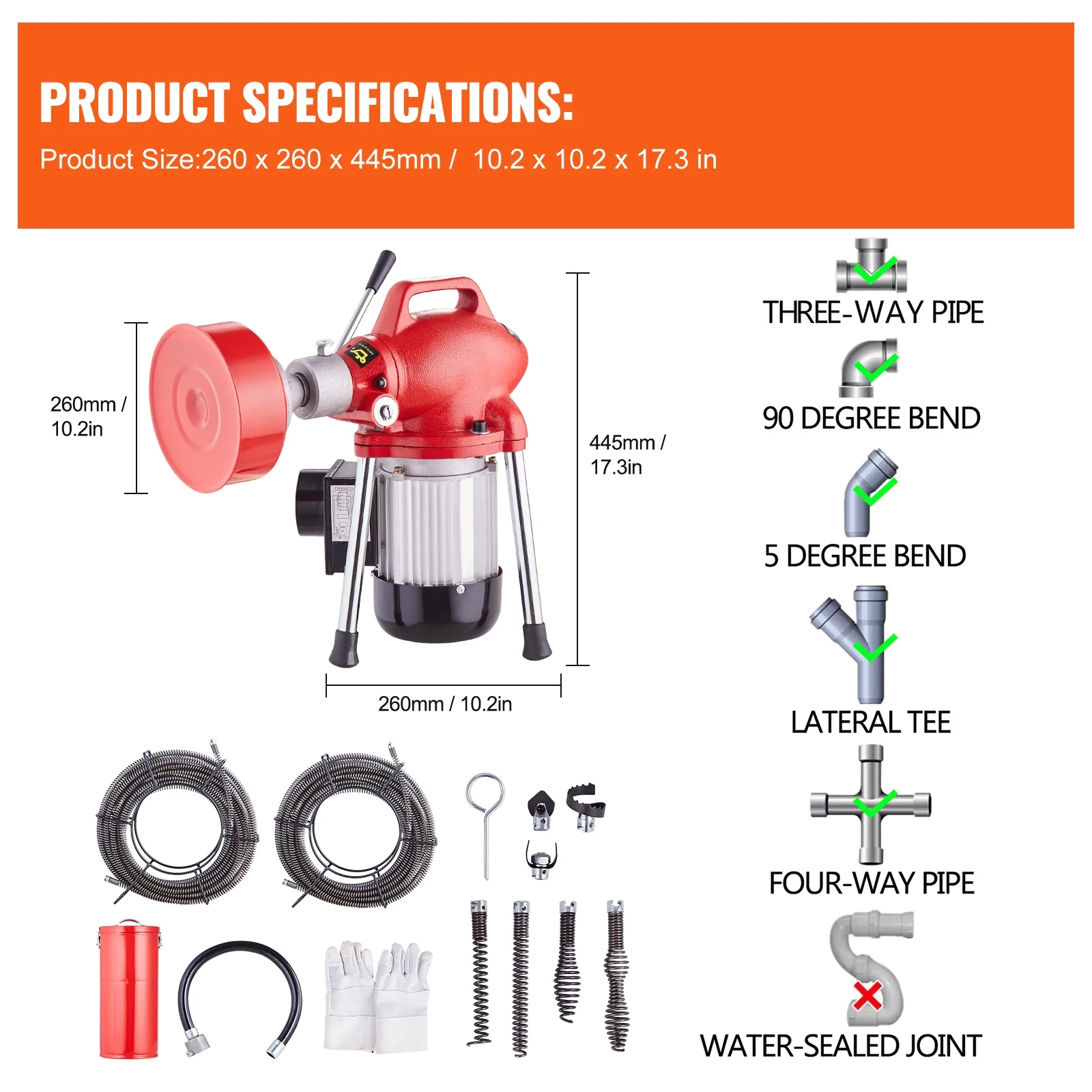 KFFKFF Electric Drain Cleaning Machine, 120FT x 5/8 Inch, 370W, Manual Operation - Includes 3 Steel Cables, 7 Cutting Heads, and Reversible Control for Pipes 1.6" to 4"