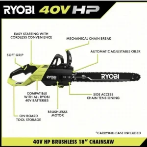 Ryobi 18 40V Cordless Chainsaw Kit with Battery & Charger, Green