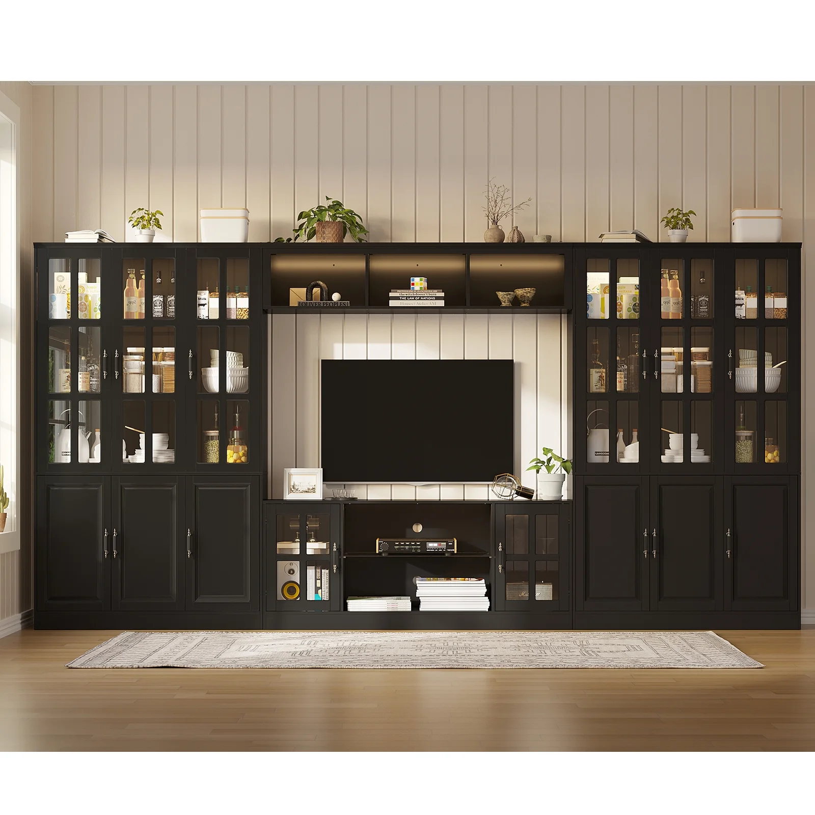 MEISSALIVVE 4-Piece Wall Unit TV Stand with Storage & LED Lights for TVs up to 75", Modern Entertainment Center with Bookshelves & 8-Door Pantry Cabinet, Gray