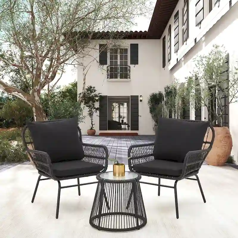 3-Piece Patio Conversation Bistro Set, Outdoor Rattan Furniture Set with Glass Table & 2 Wide Armchairs, Seat Cushions