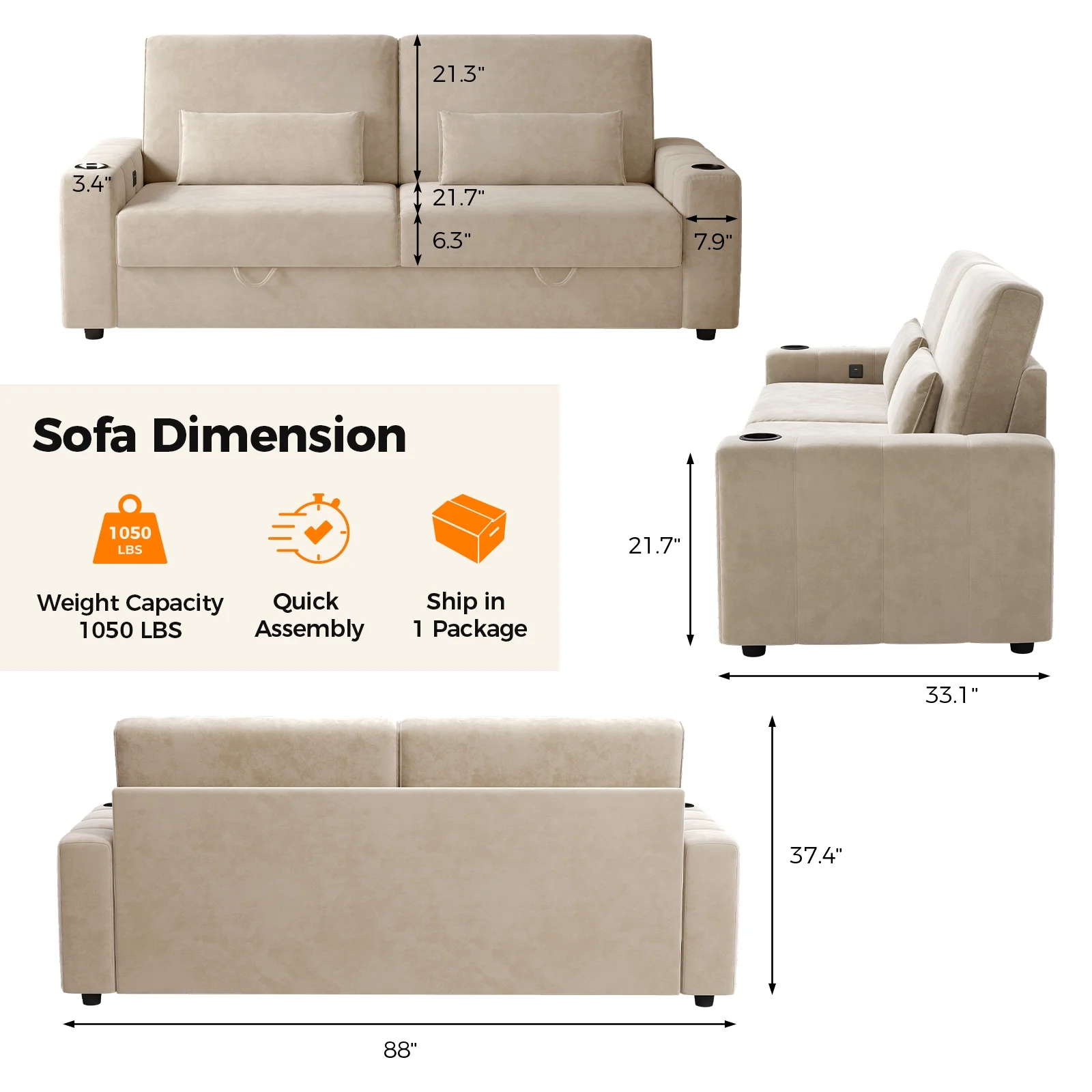 87-Large Loveseat Sofa, 3 Seater Couch with Storage, Velvet Fabric Deep Seat Sofa with Pillow& Cup Holders, Modern Comfy Sofa with USB& Type-C Ports, Home Sofa Couch for Living Room Bedroom