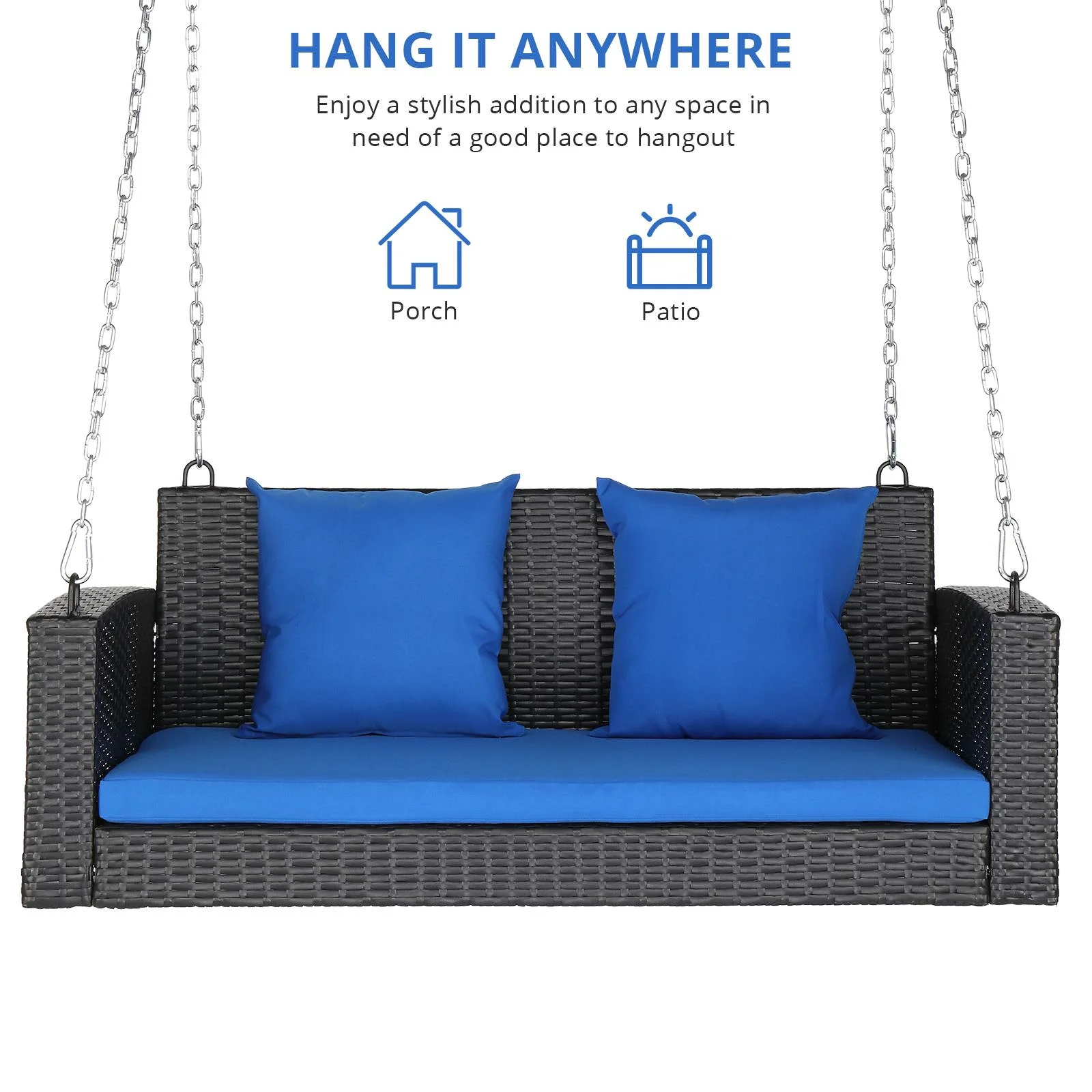 Zimtown Patio Rattn Wicker Swing, Outdoor Bench w/ Blue Cushion, Outdoor Seat Garden Swing for 2 Person