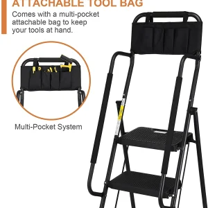 HBTower 4 Step Ladder with Handrails and Tool Bag, Folding Step Stool with Attachable  Anti-Slip Wide Pedal, Black