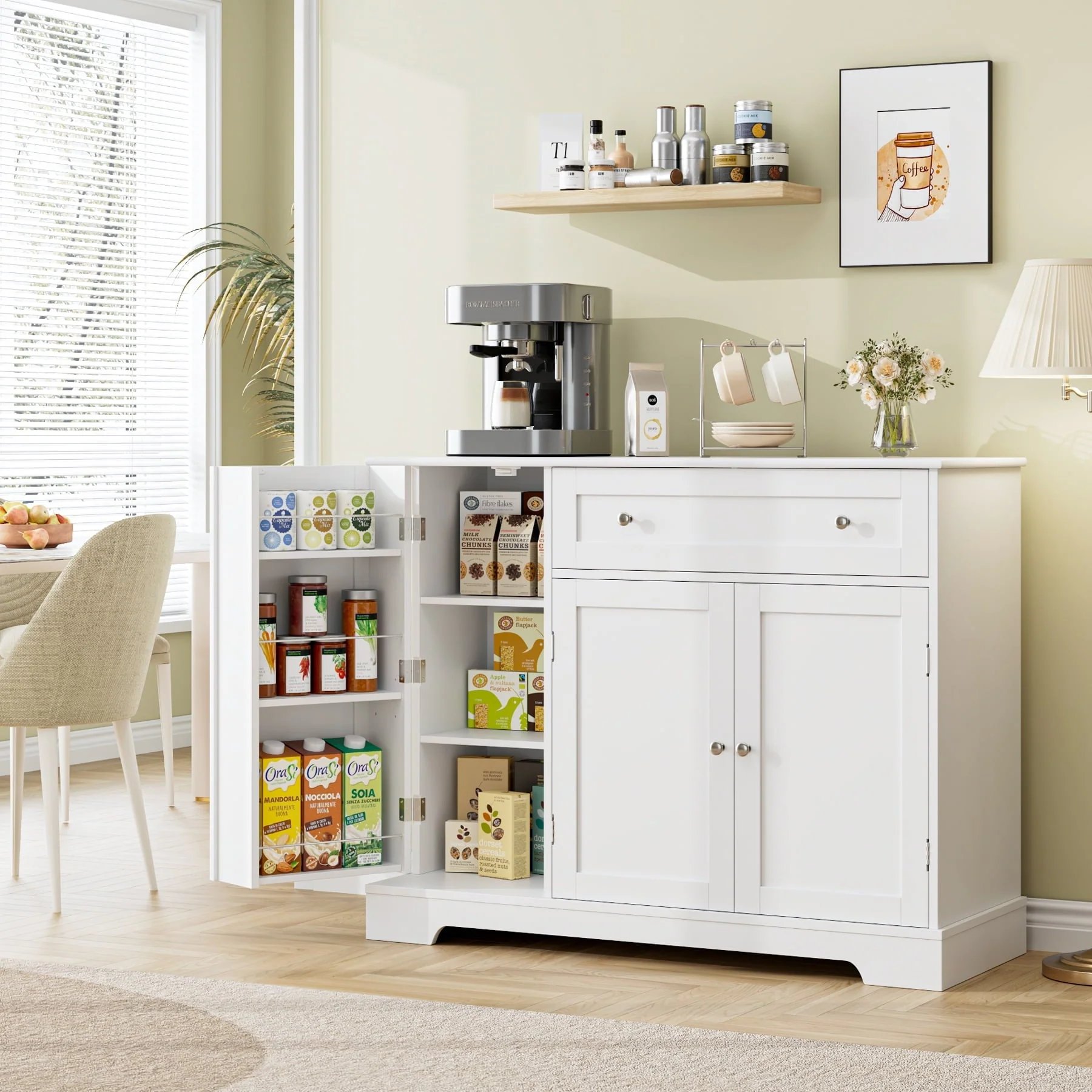 Homfa 41'' Kitchen Storage Cabinet, Pantry Cabinet with Drawers and Adjustable Shelf, Buffet Cabinet Sideboard for Dinning Room, White