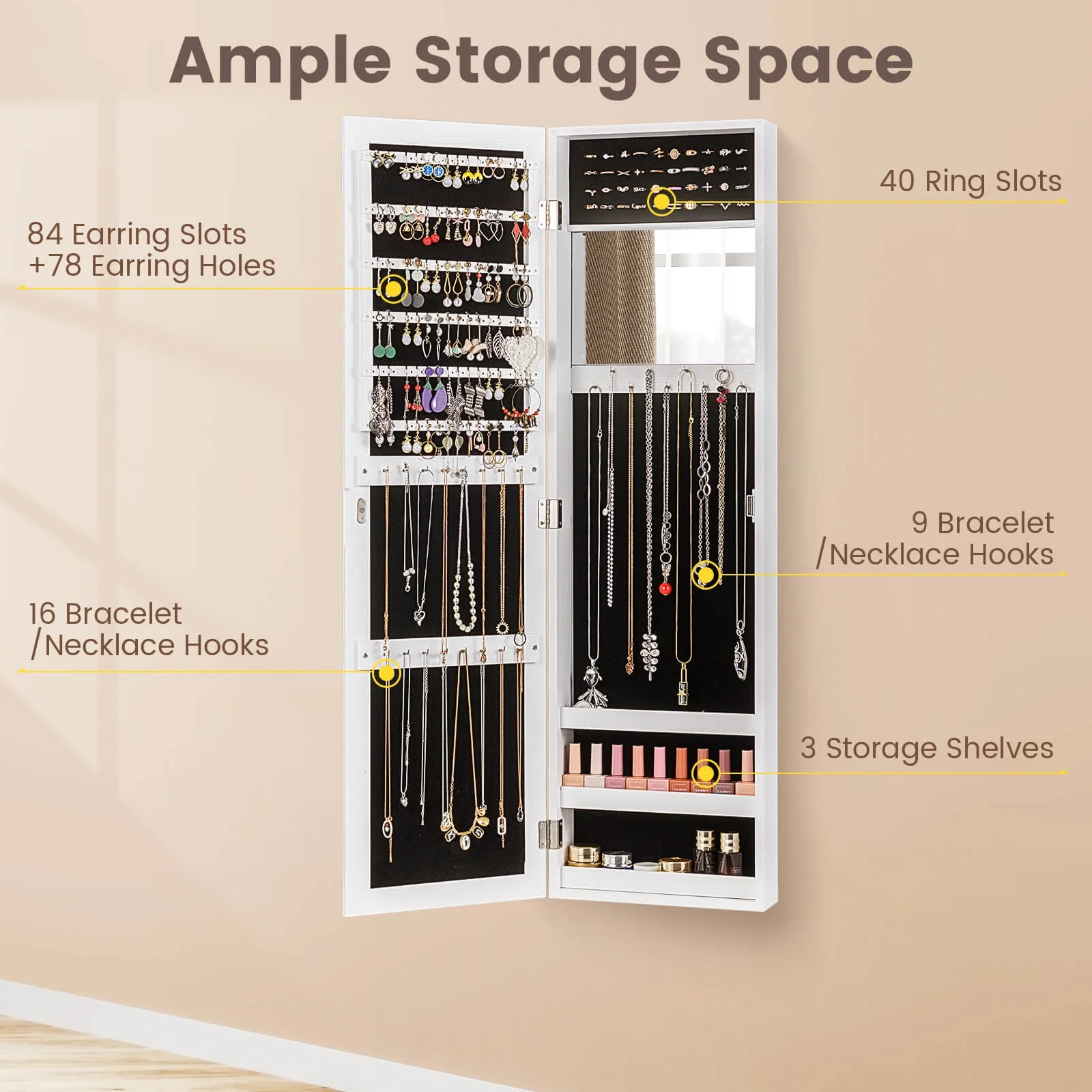 Costway Wall Door Mounted Mirrored Jewelry Cabinet Storage Organizer-Black