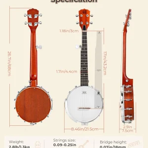String Banjo 26 Inch MINI Travel Banjo Banjo Beginner Kit with Remo Head Open Back & Closed Solid Back with beginner Kit Comfortable Carrying Bag