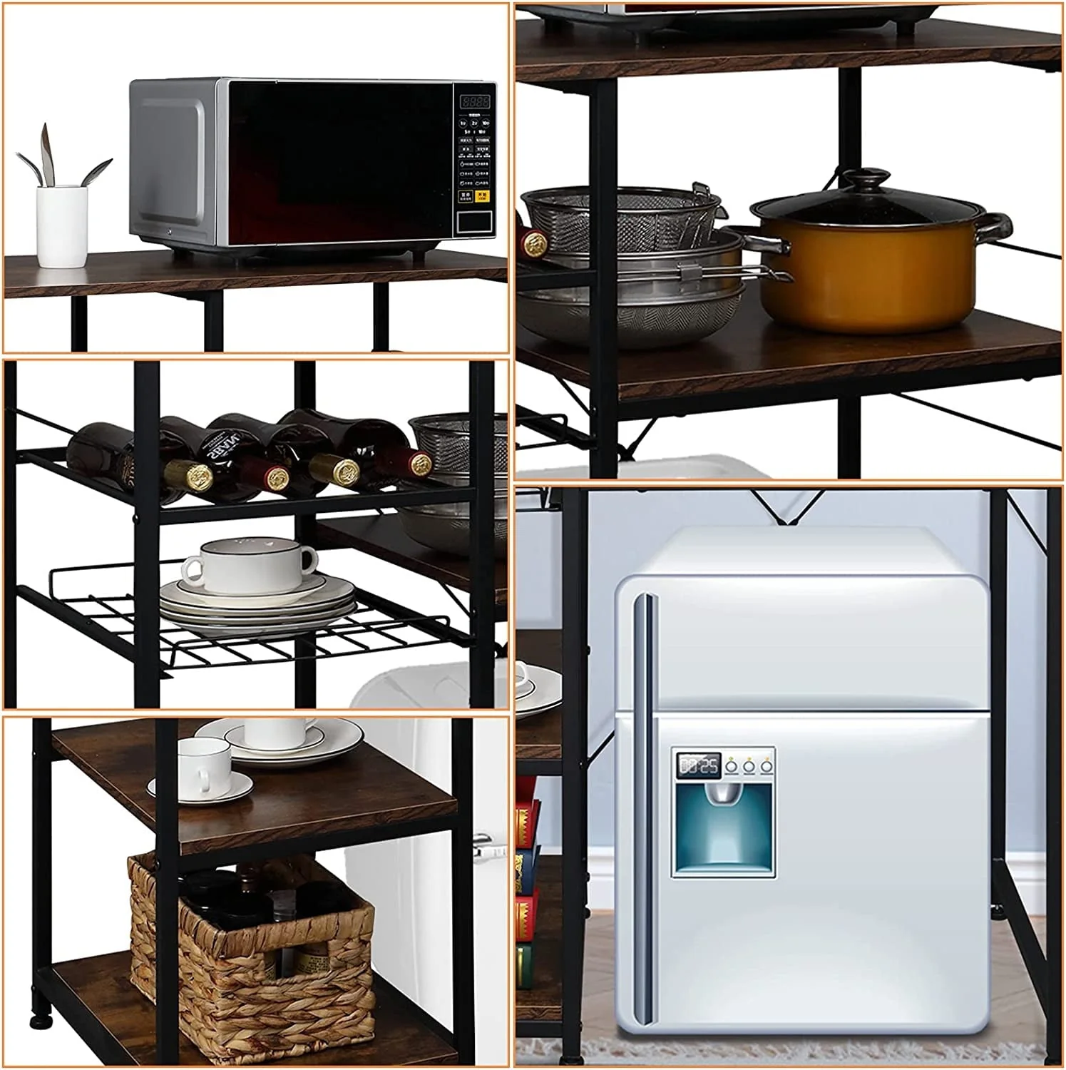 Microwave Stand 4-Tiers Kitchen Storage Fit Mini Fridge Baker¡¯s Rack Shelving Utility Coffee Bar with Big Drawer Wine Rack Metal Frame Industrial Workstation Organizer Kitchen Decor