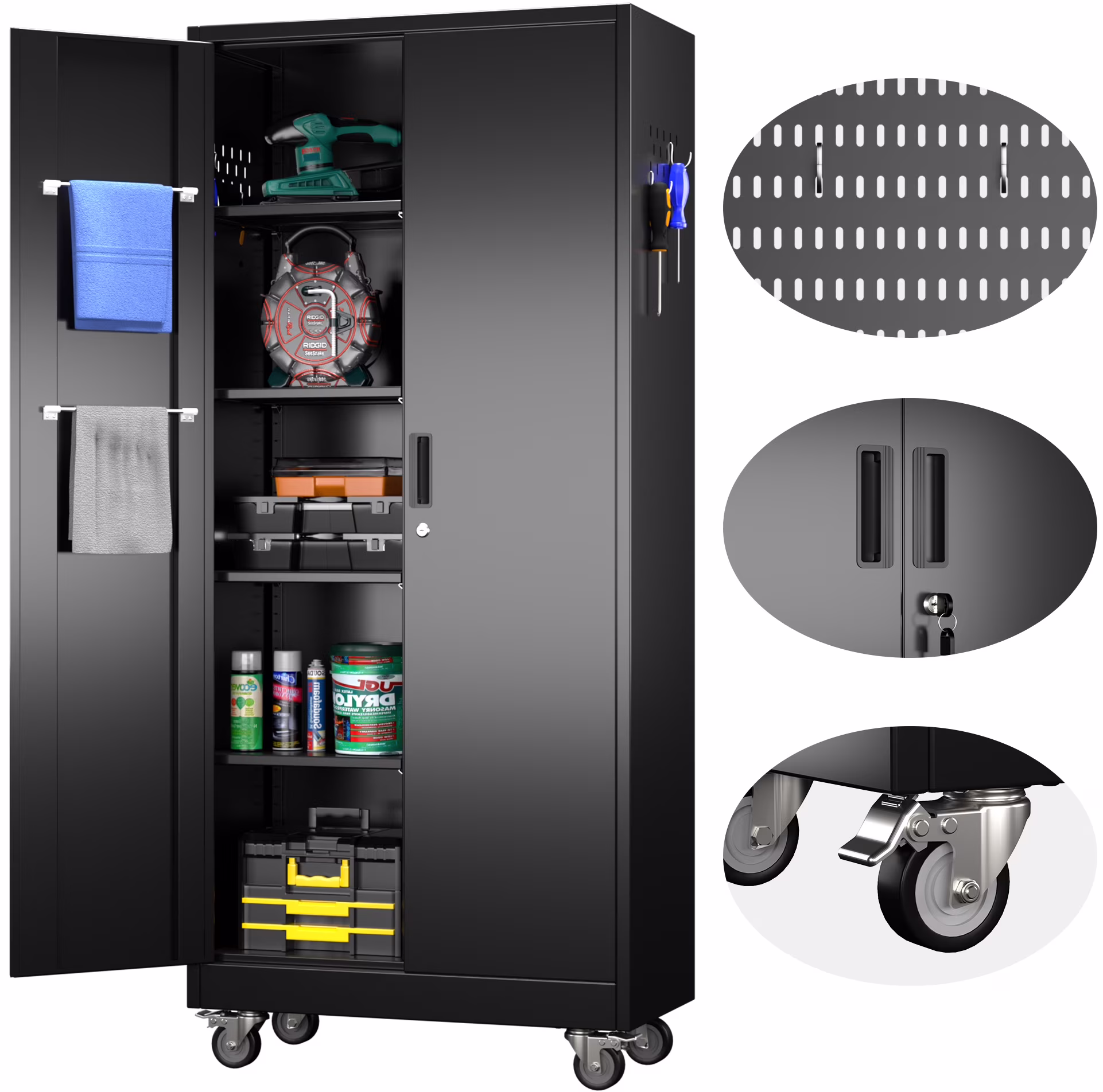 GangMei 71-Inch Metal Lockable Storage Cabinet with Pegboards and 5 adjustable shelves, White, Assembly Required