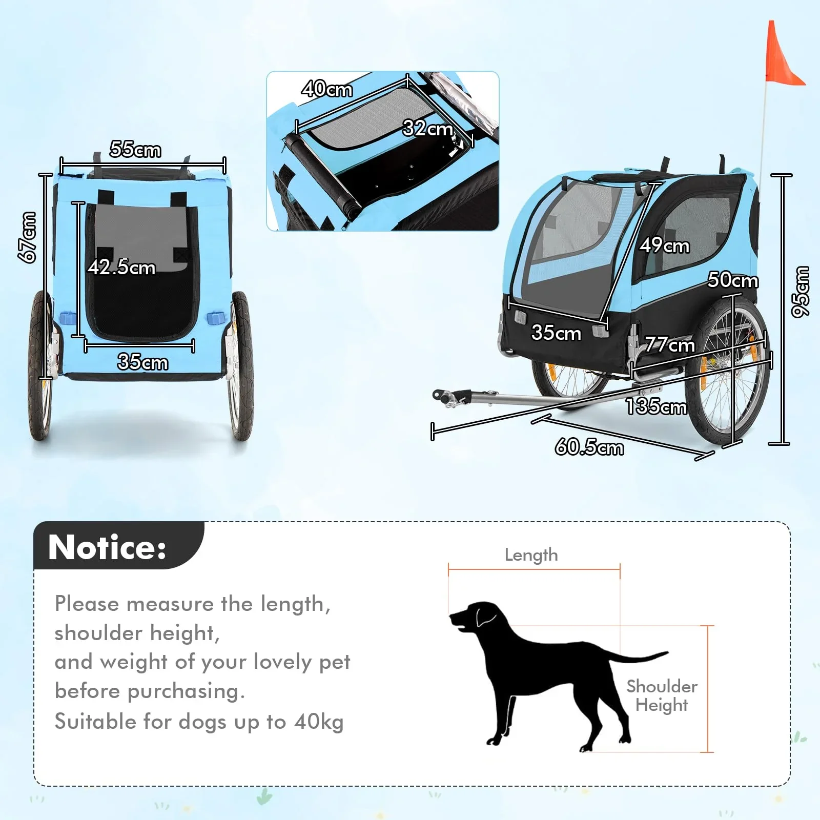 Pet Bike Trailer Holds 40kg Bicycle Trailer for Small & Medium-Sized Dogs