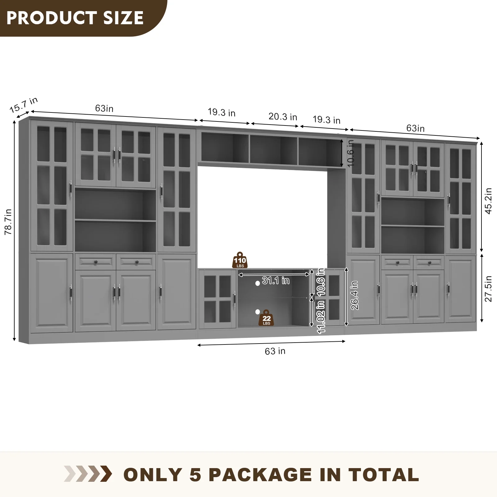 MEISSALIVVE 4-Piece Wall Unit TV Stand with Storage & LED Lights for TVs up to 75", Modern Entertainment Center with Bookshelves & 8-Door Pantry Cabinet, Gray