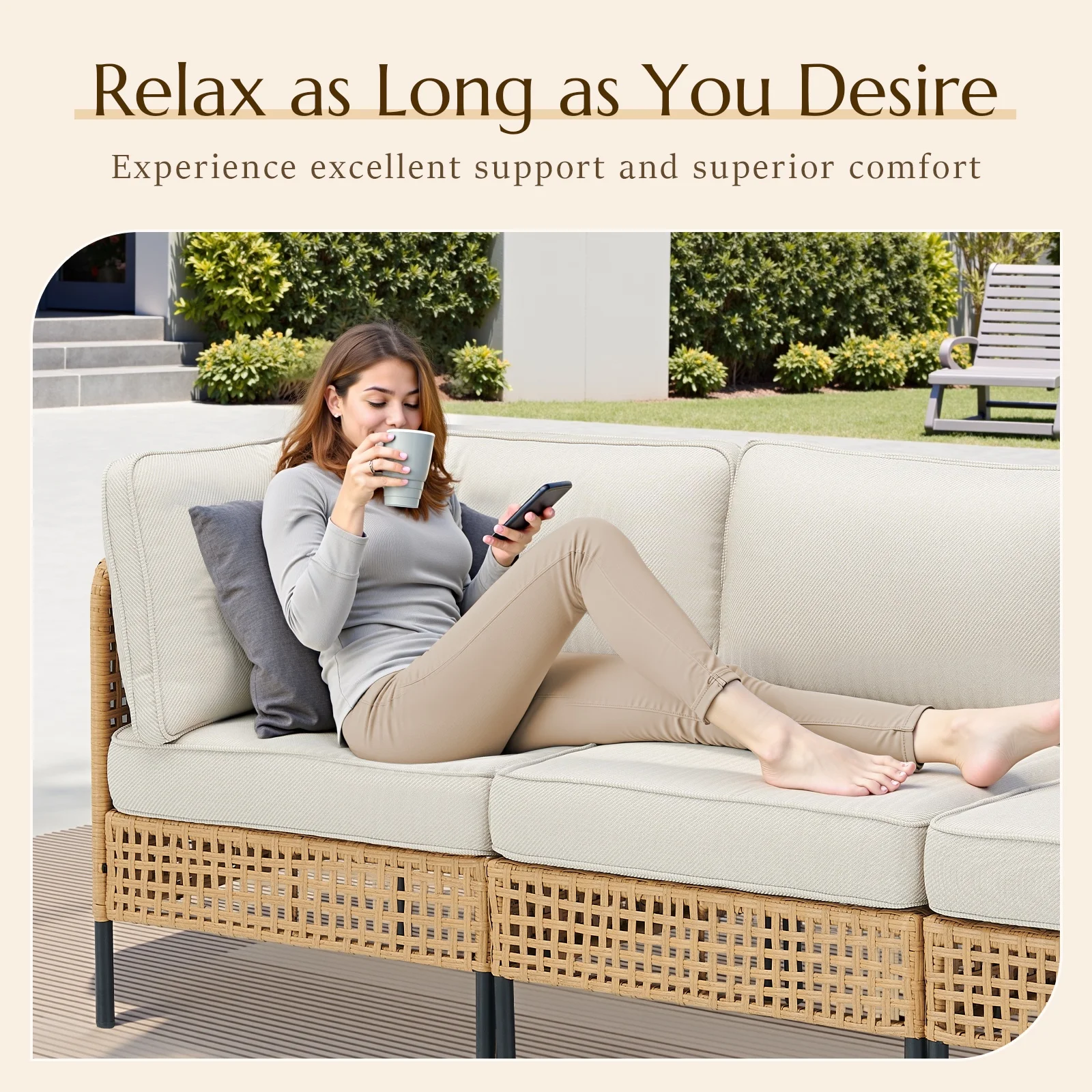 PPorfamilia Outdoor Modular Sectional Furniture Set, 7 Piece Natural PE Rattan Sofa Set with 2 Corner Chairs, 4 Middle Chairs, Side Table, and Beige Deep Seat Cushions, for Patio Backyard Deck