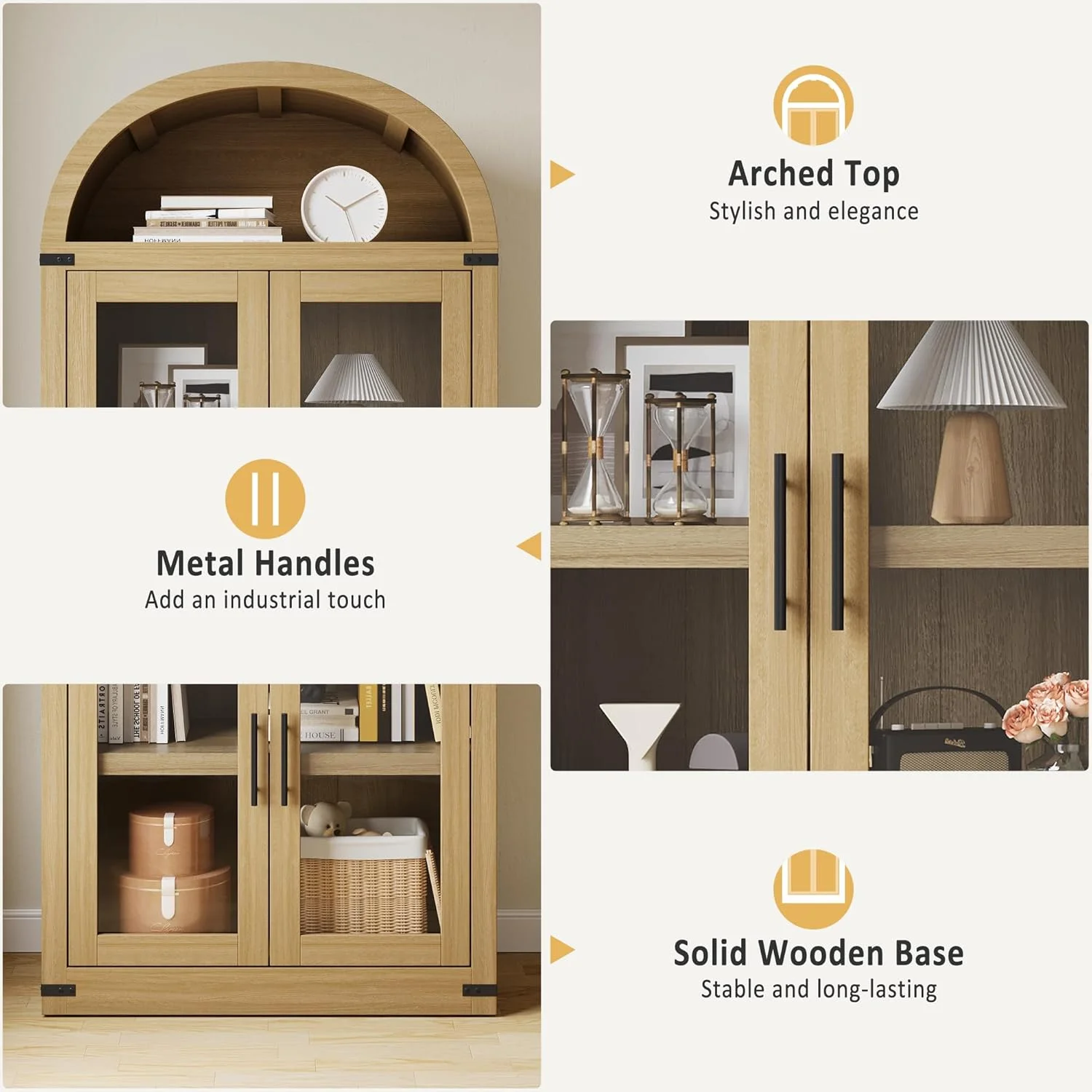 AOILE 72" Tall Arched Farmhouse Bookcase with Doors, Wooden Display Cabinet with Storage Shelves