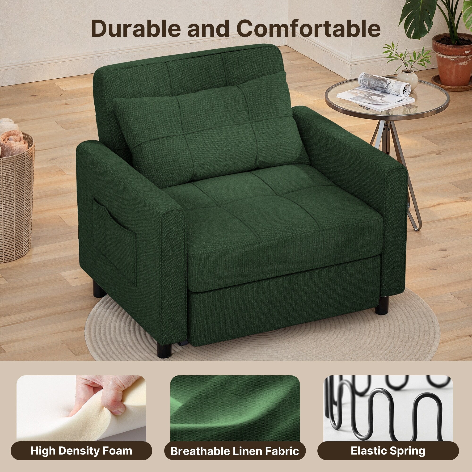 3-in-1 Adjustable Sleeper Sofa Bed, Pull Out Chair Sofa, Convertible Folding Bed for Living Room