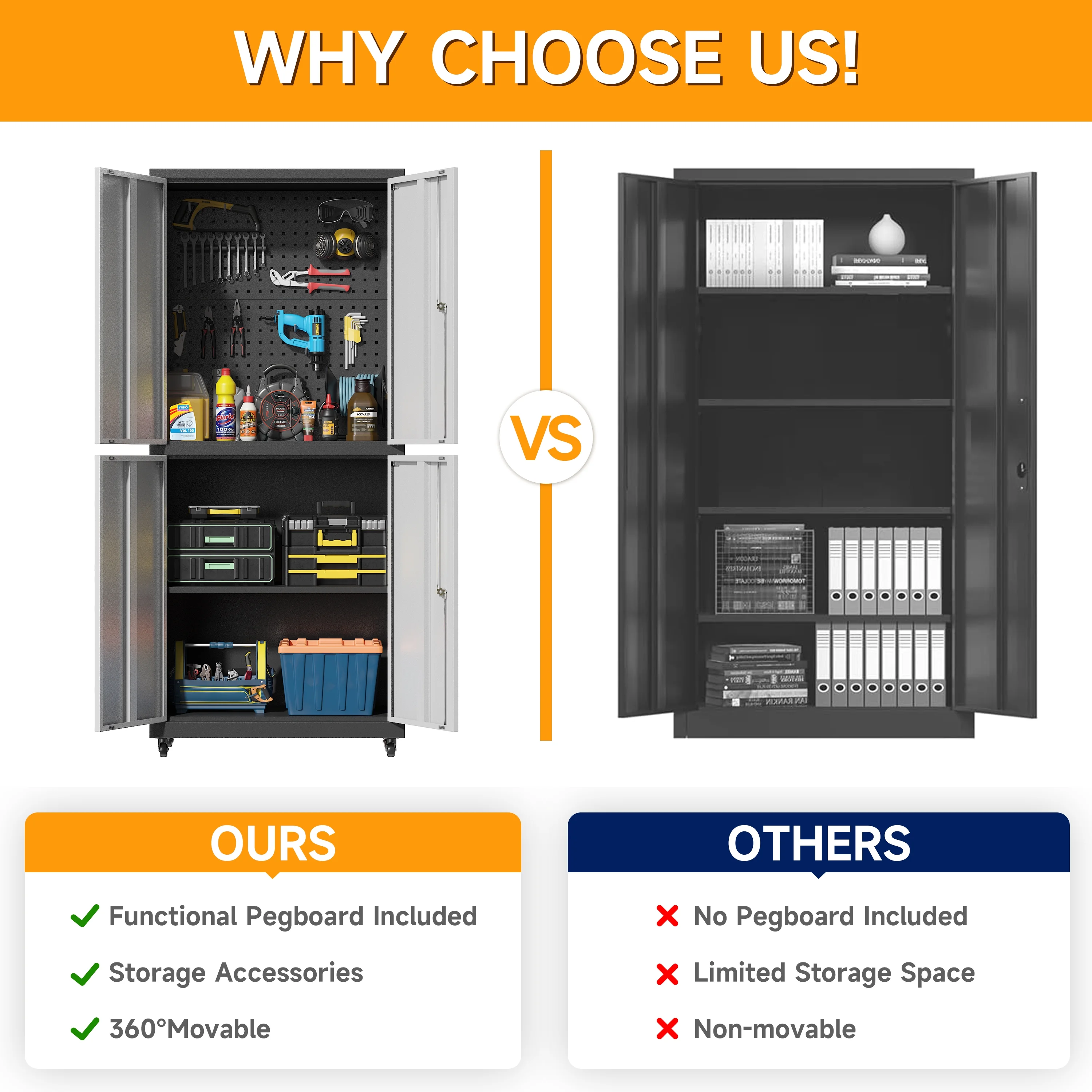 Metal Storage Cabinet with Wheels,Rolling Tool Cabinet with Doors and Adjustable Shelves,Heavy Duty Garage Storage Cabinet,Steel Locking Storage Cabinet for Garage/Warehouse/Office/School/Home-Black