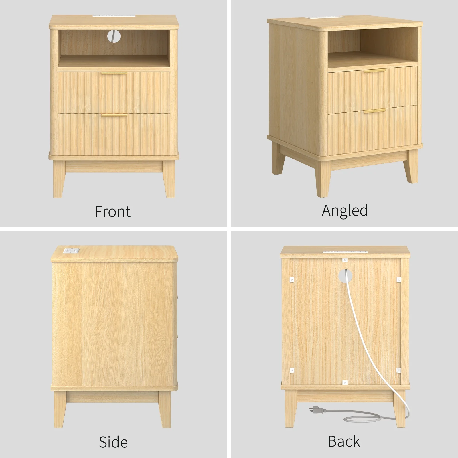 Night Stand with Charger Station, Fluted Nightstand with 2 Drawers and Storage Shelf, Mid Century Modern End Table for Bedroom Living Room,Natural