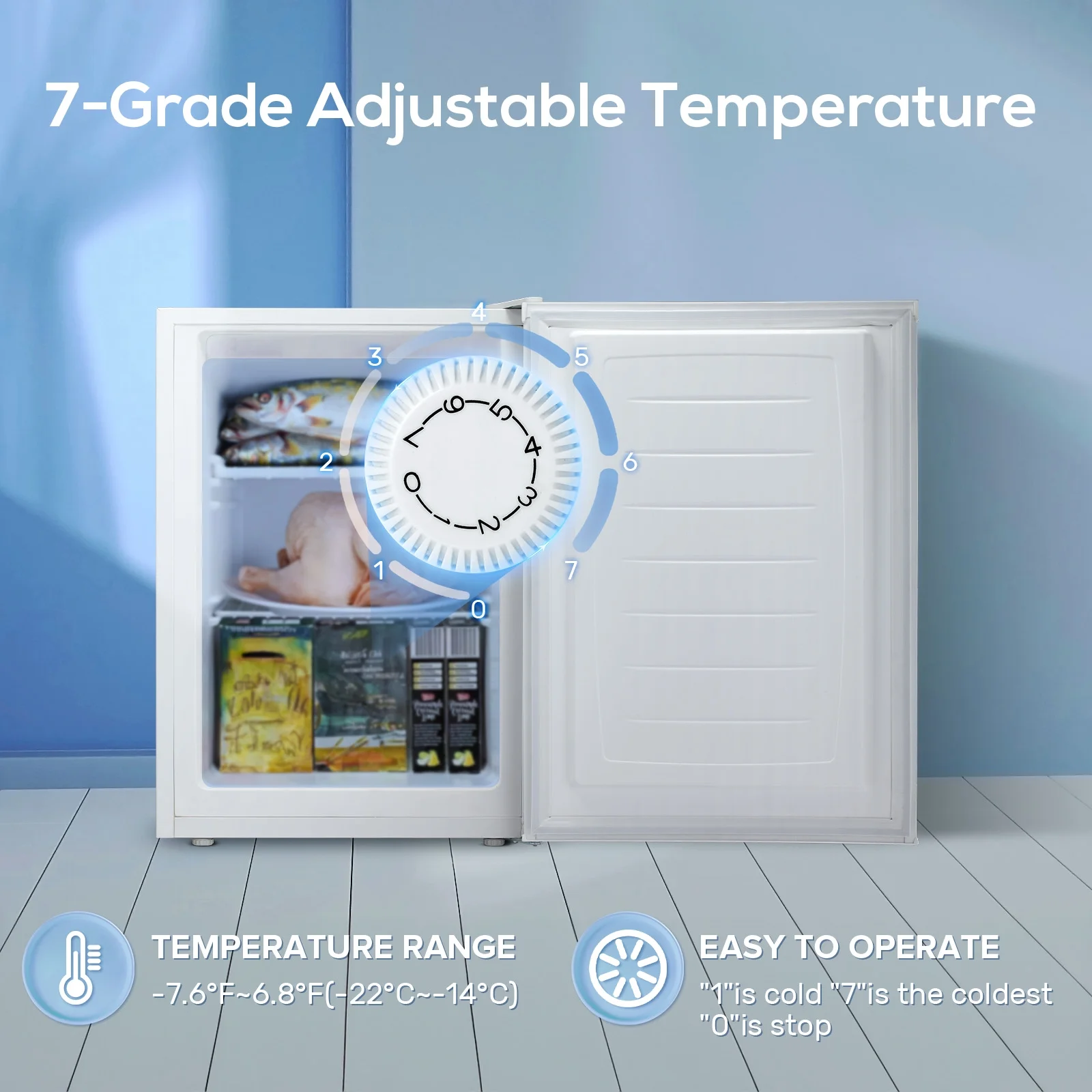 Auseo Mini Freezer Countertop, Energy Saving 2.6 Cu.ft, Single Door Compact Upright Freezer with Reversible Door for Home/Office/Kitchen-White