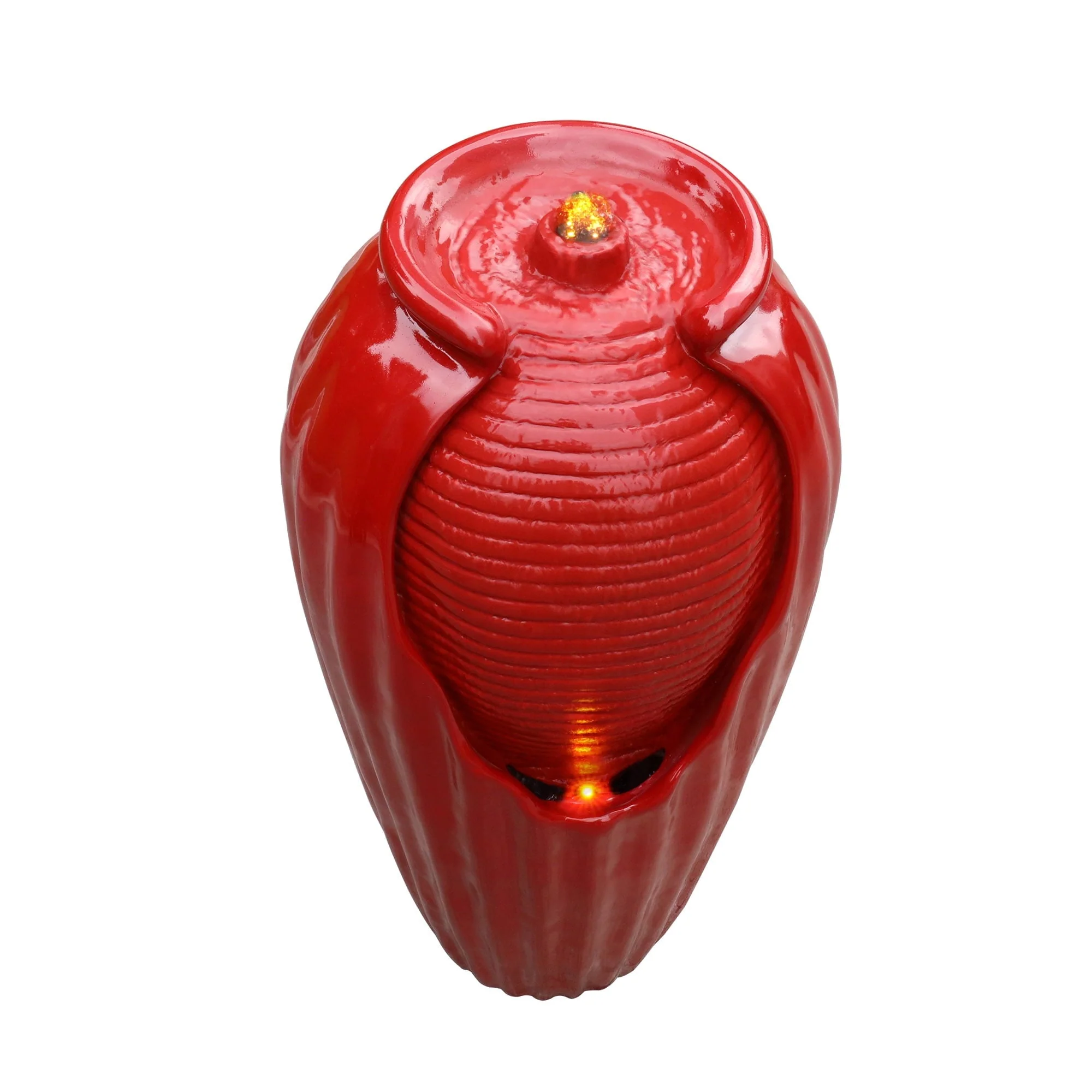 Teamson Home Indoor/Outdoor Contemporary Glazed Contoured Vase Water Fountain with LED Lights, Red